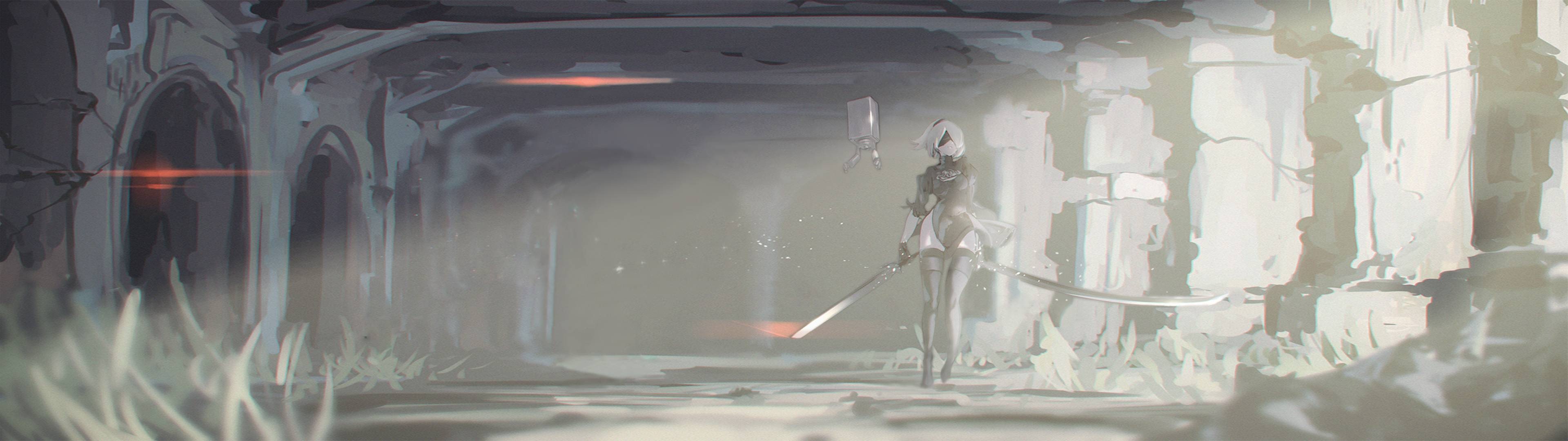 Nier: Automata, 2B (Nier: Automata), simple background, white hair, NieR, HD Wallpaper