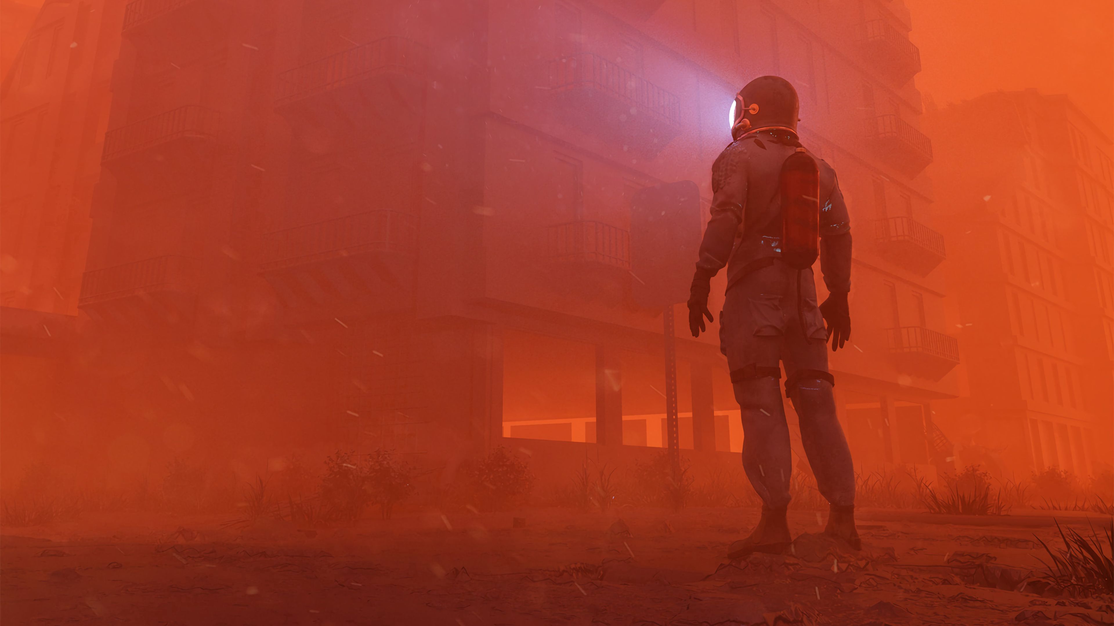 man, building, fog, glow, gloom, 4k, HD Wallpaper
