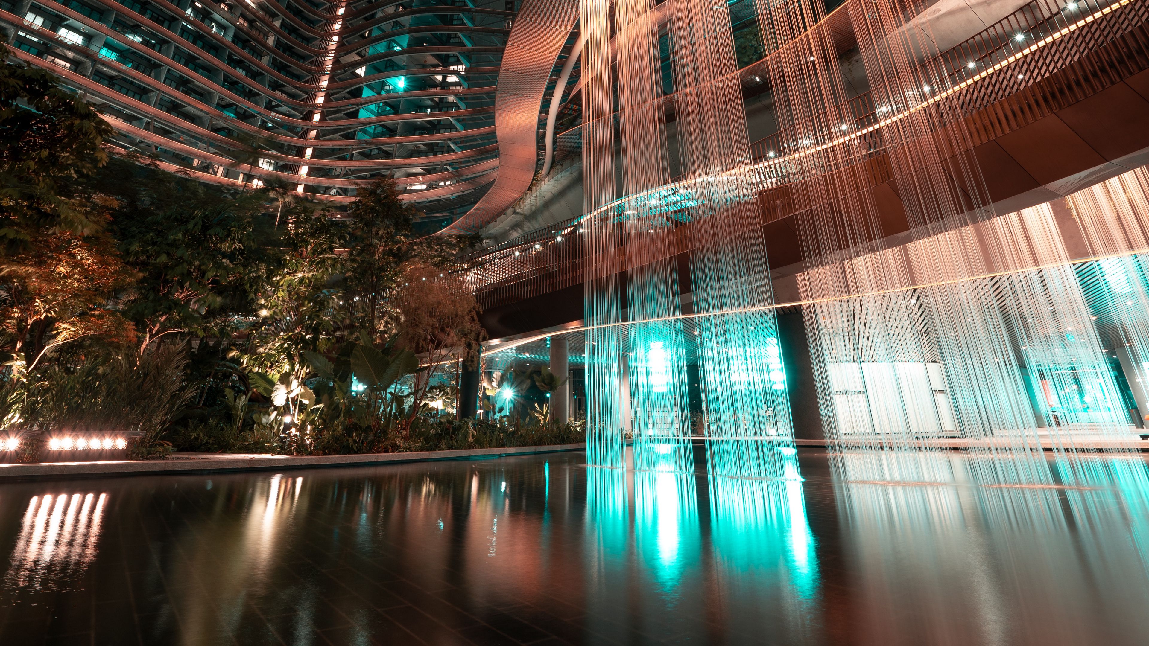 buildings, facades, architecture, lighting, fountain, 4k, HD Wallpaper