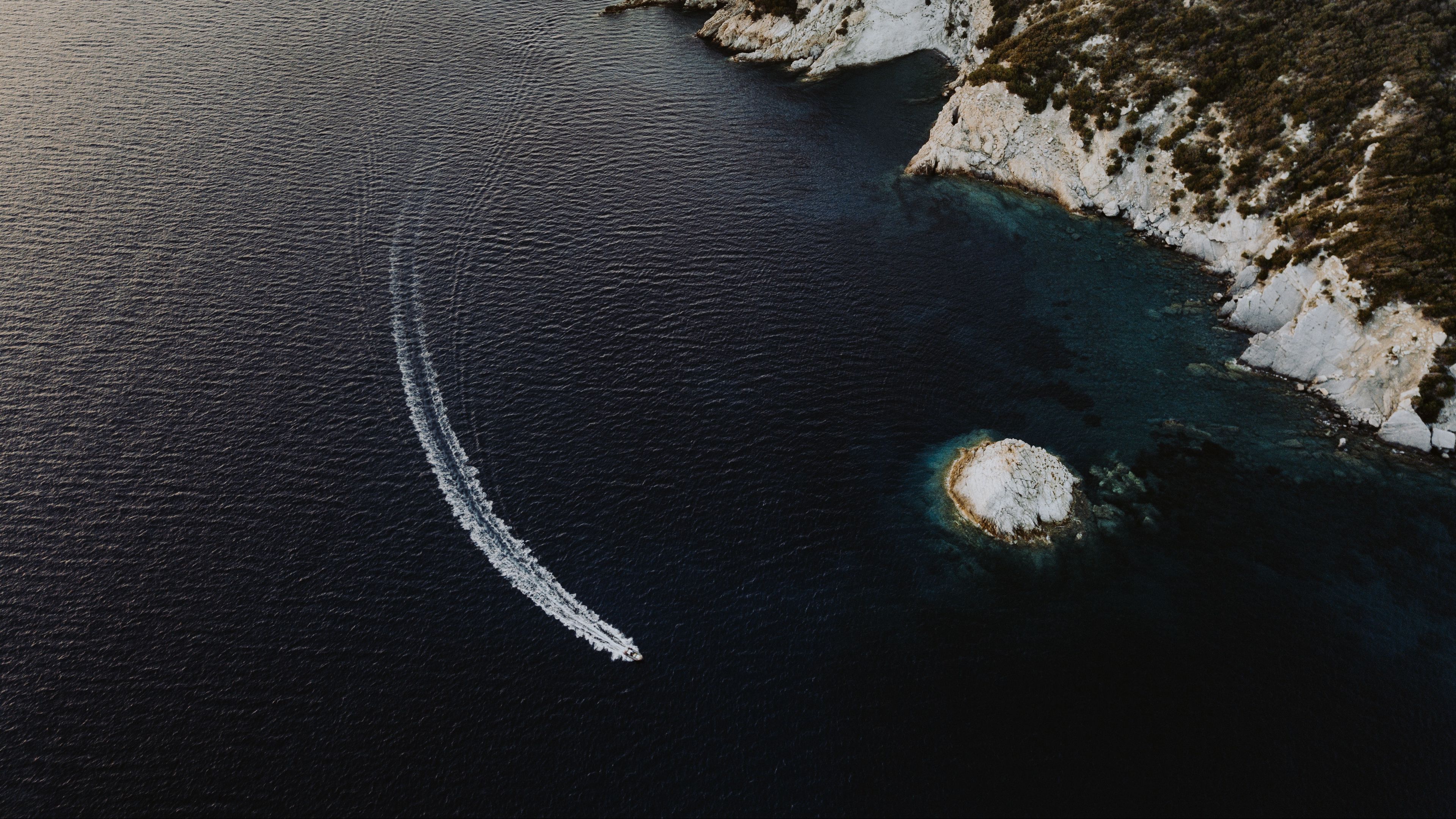 sea, boat, aerial view, waves, water, shore, 4k, HD Wallpaper