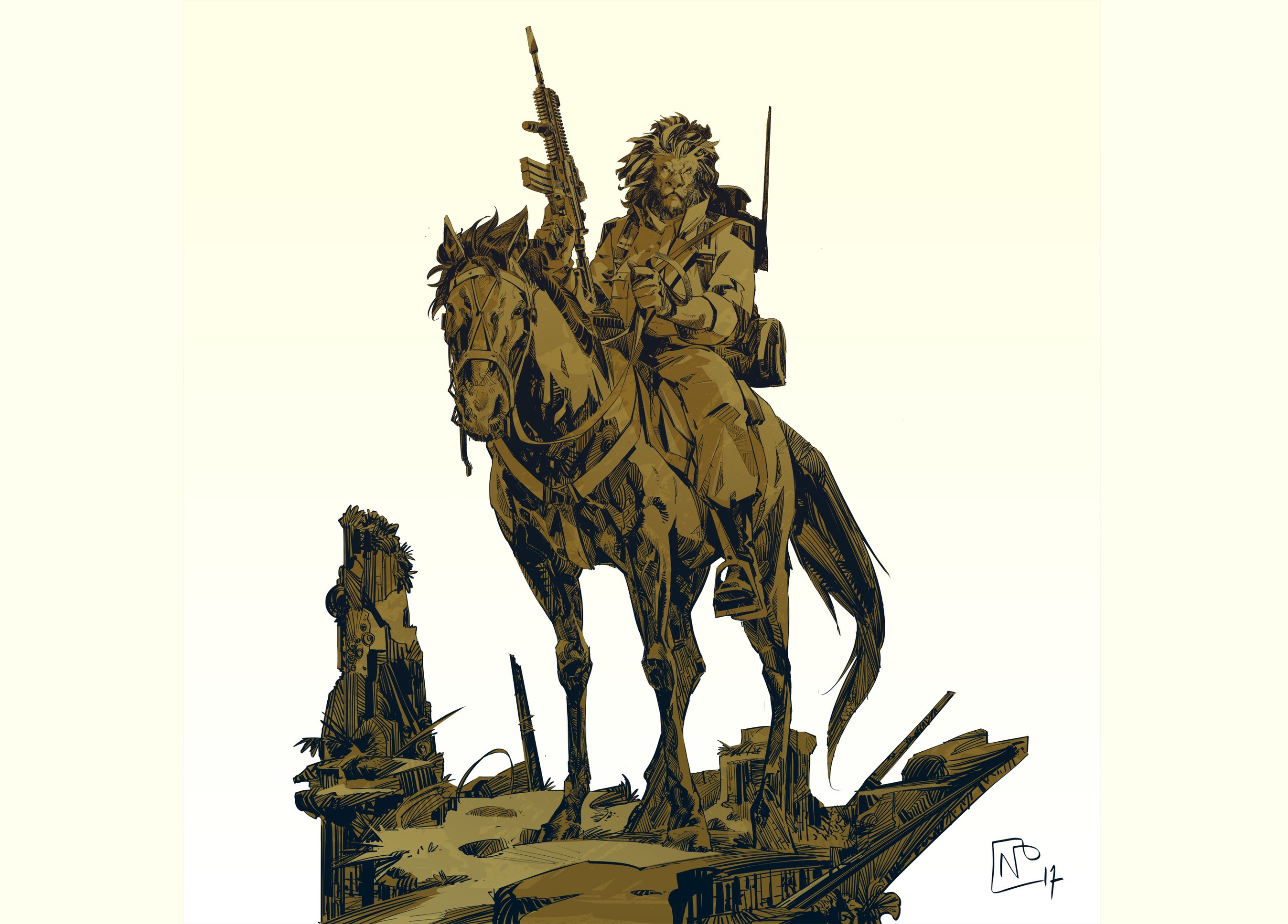 drawing, horse, soldier, Nicolas Petrimaux, gun, lion, HD Wallpaper
