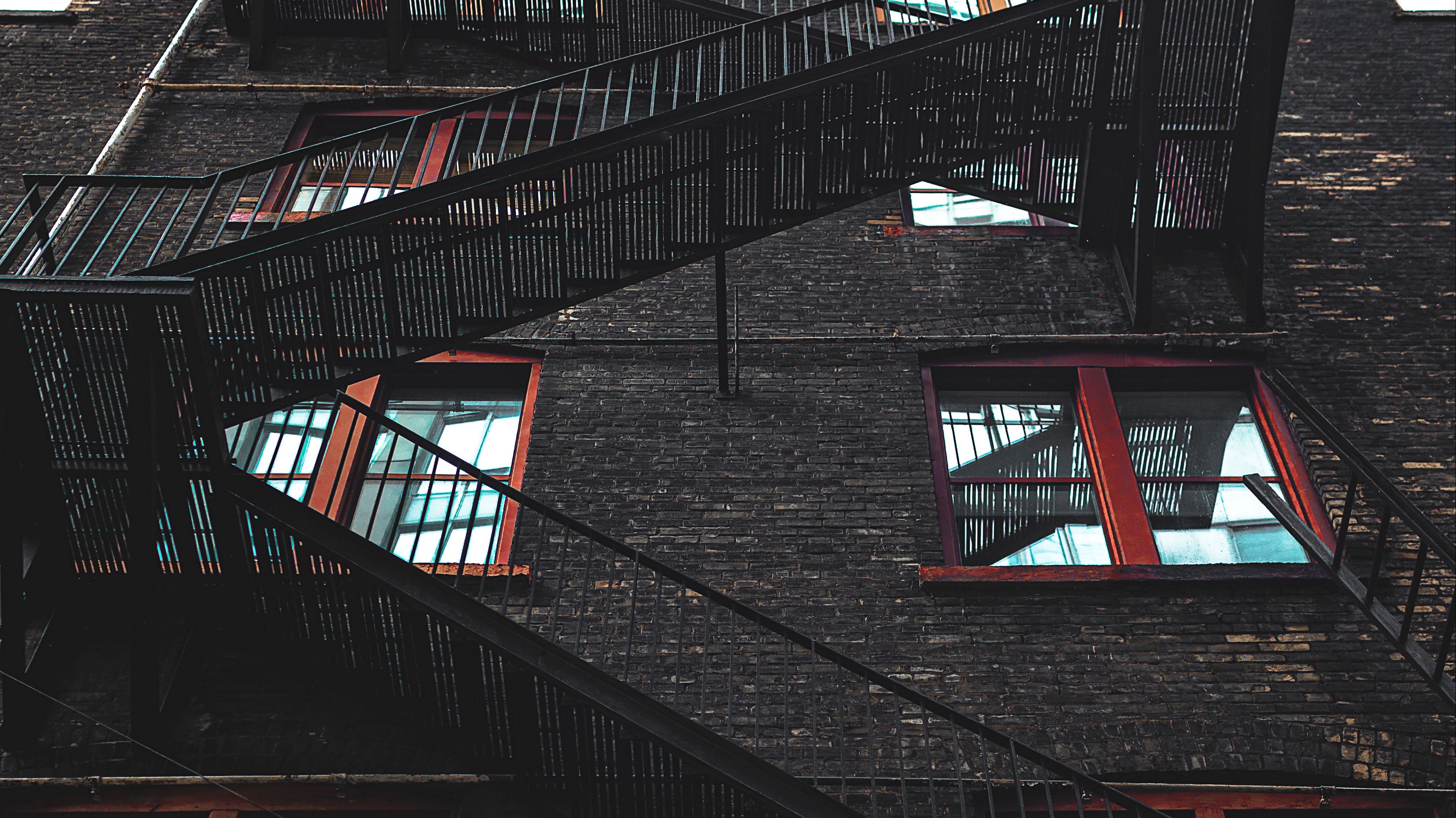building, facade, stairs, windows, wall, black, 4k, HD Wallpaper