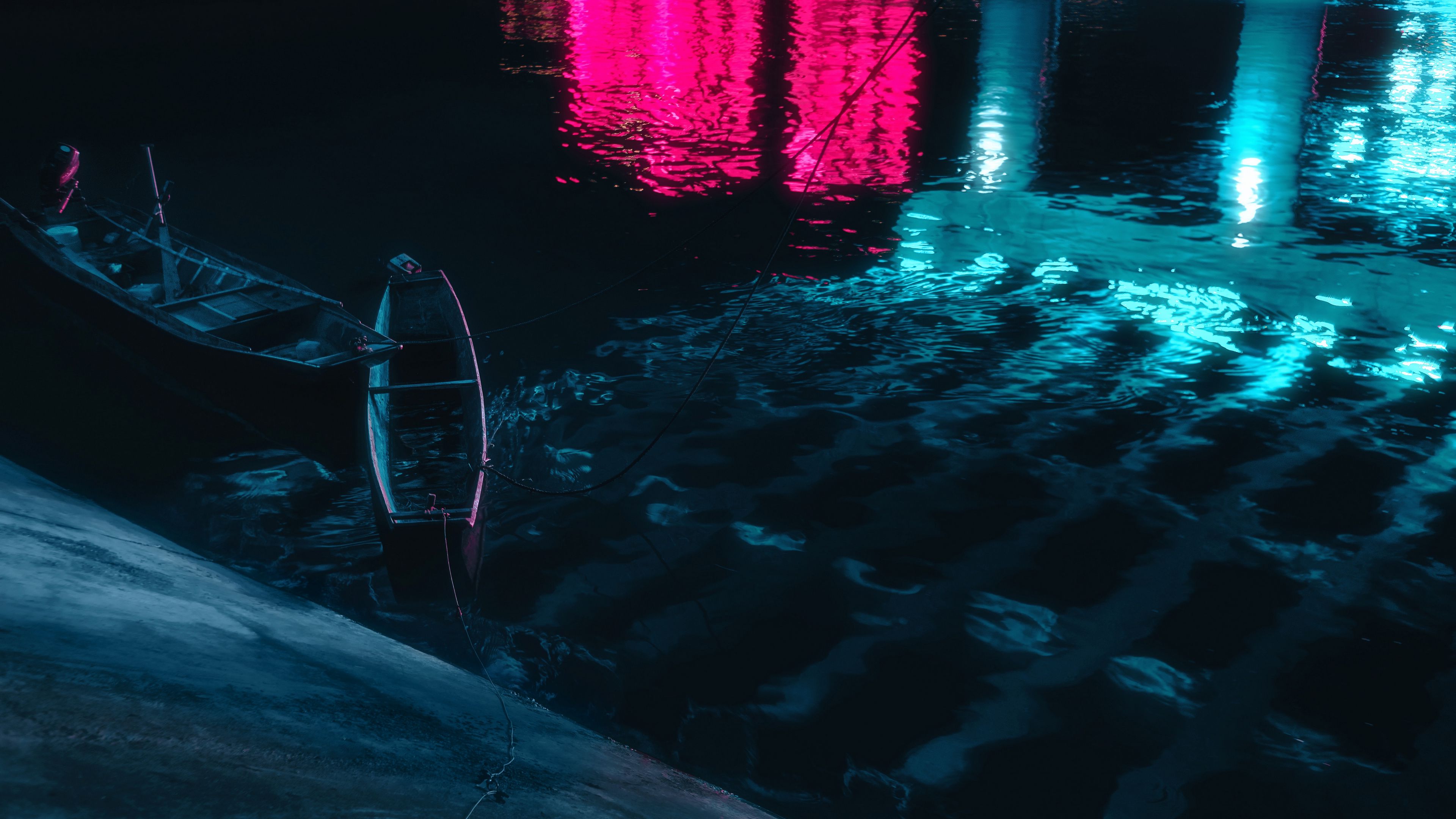 boats, water, night, dark, reflection, 4k, HD Wallpaper