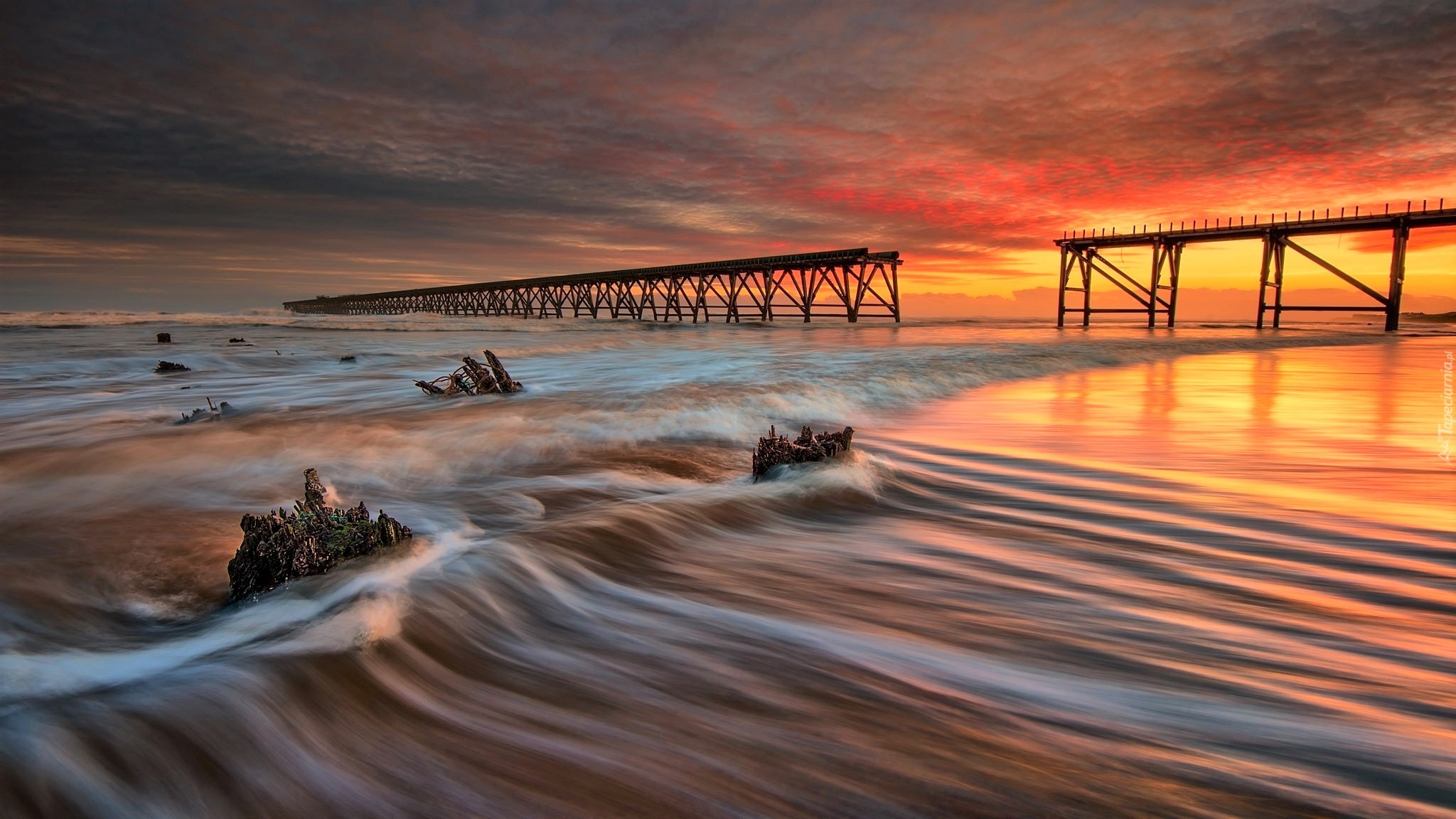 nature, landscape, sea, waves, bridge, long exposure, clouds, sunset, stones, HD Wallpaper