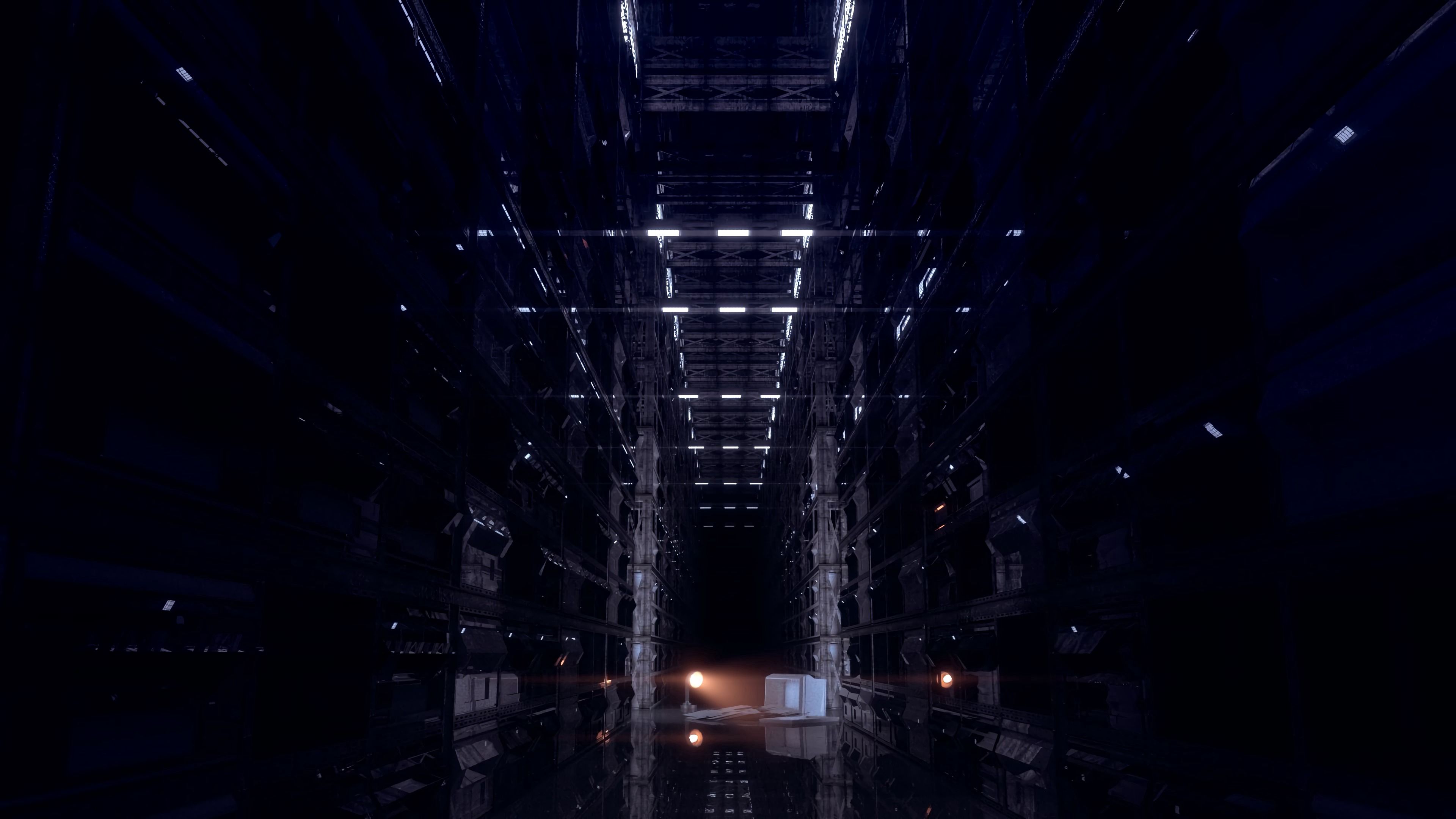corridor, dark, lamps, light, room, 4k, HD Wallpaper