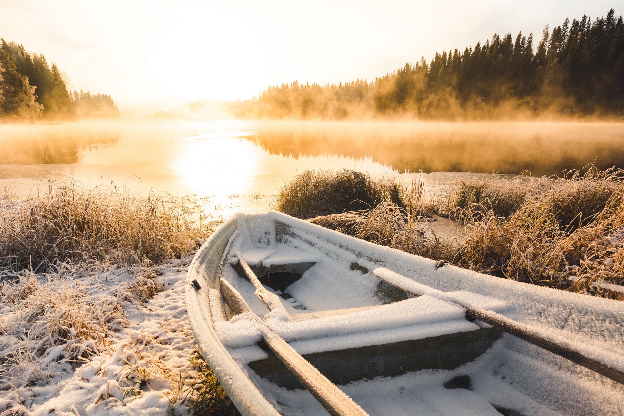 boat, vehicle, sunlight, nature, snow, winter, HD Wallpaper