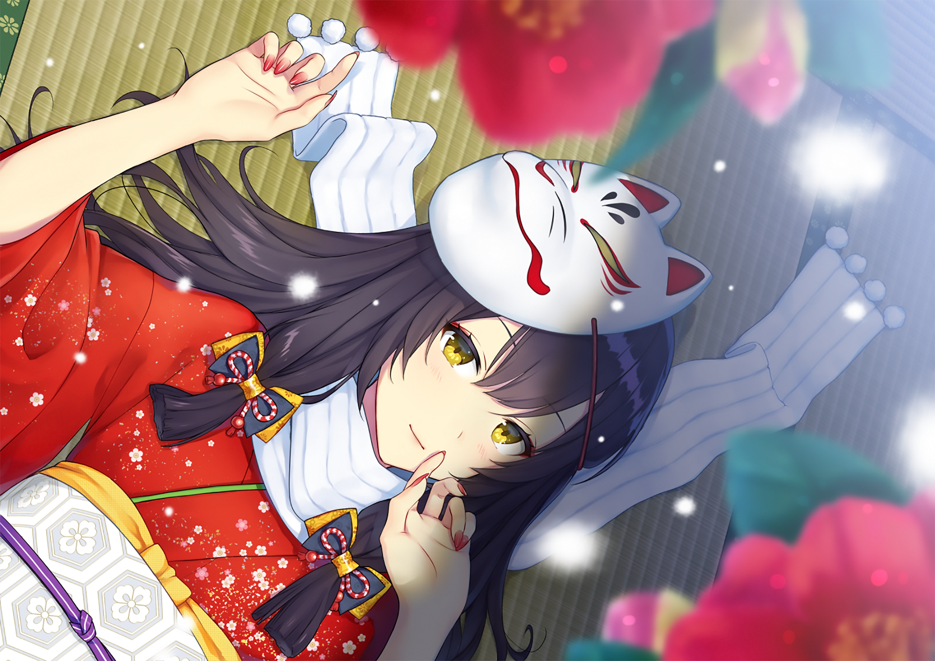 anime, anime girls, brunette, long hair, yellow eyes, Japanese clothes, HD Wallpaper