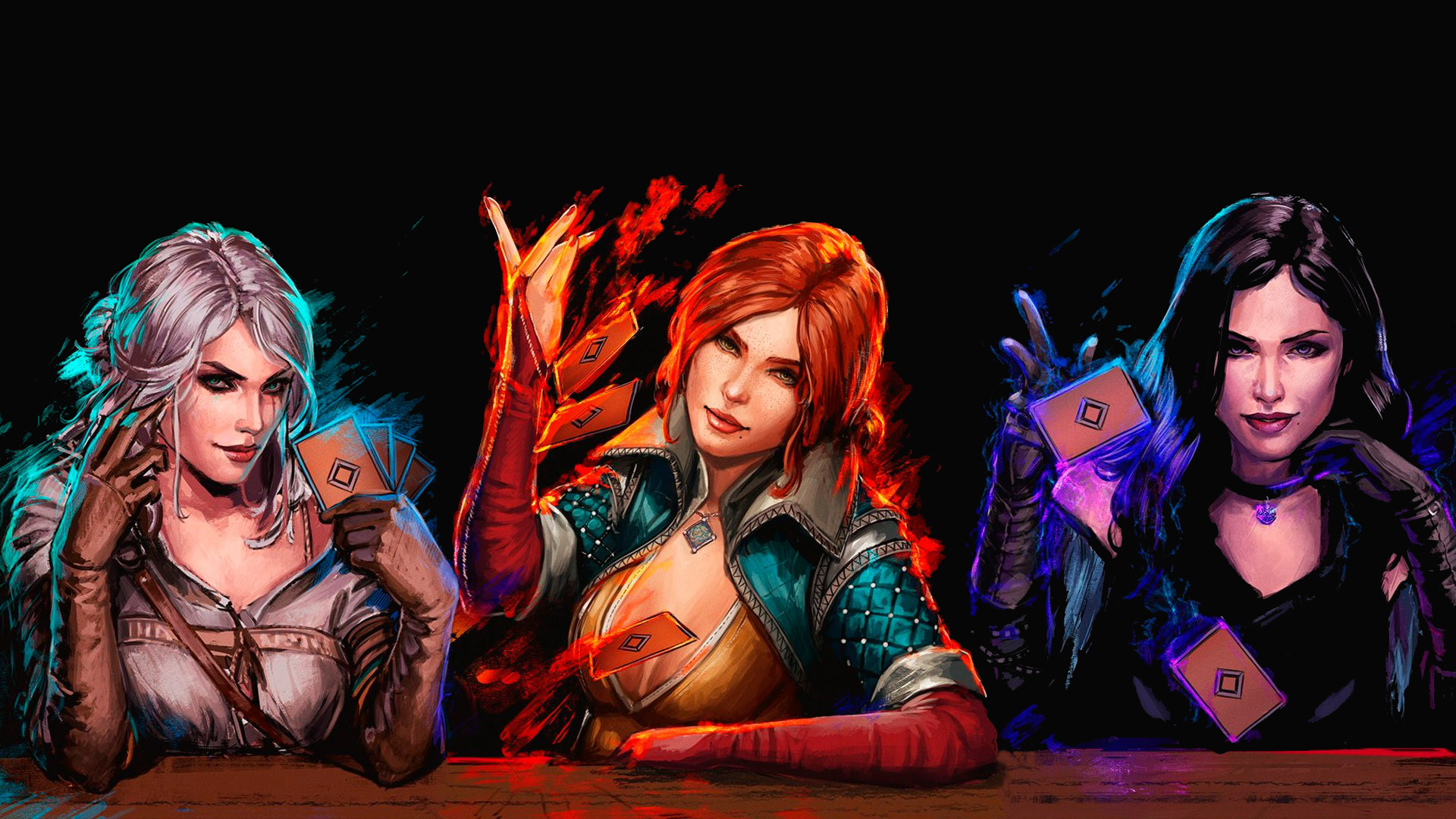 digital art, The Witcher, Gwent, Cirilla, Ciri, white hair, artwork, women, brunette, dark hair, cards, redhead, looking at viewer, video games, The Witcher 3: Wild Hunt, Cirilla Fiona Elen Riannon, Triss Merigold, Yennefer of Vengerberg, CD Projekt RED, video game girls, HD Wallpaper