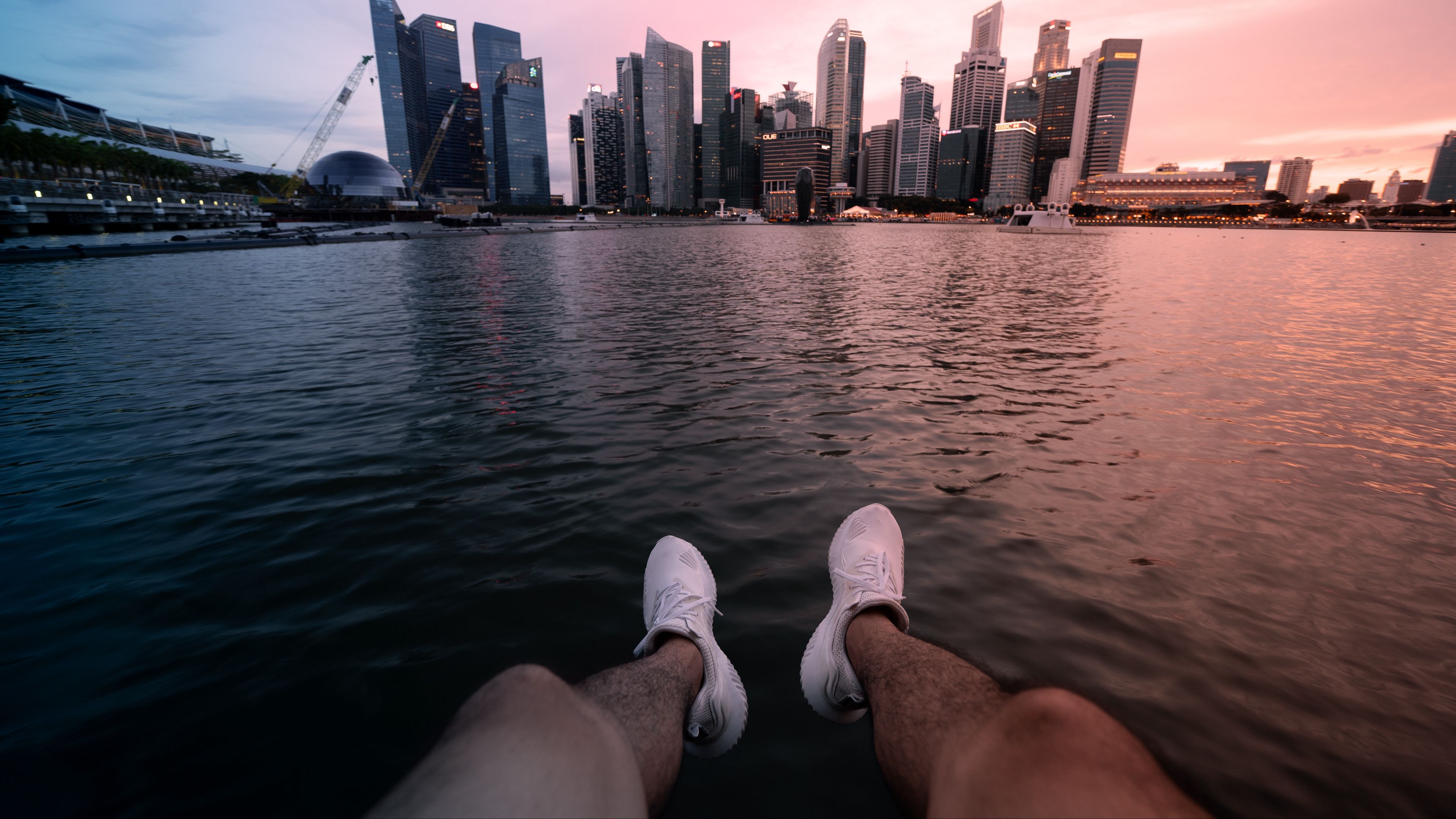 city, lake, legs, buildings, coast, 4k, HD Wallpaper