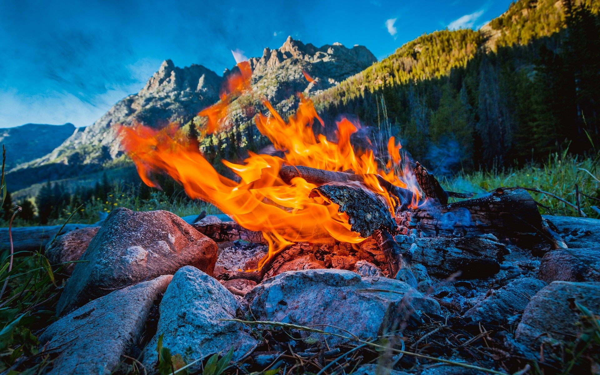 nature, fire, trees, forest, stone, stones, mountains, orange, HD Wallpaper