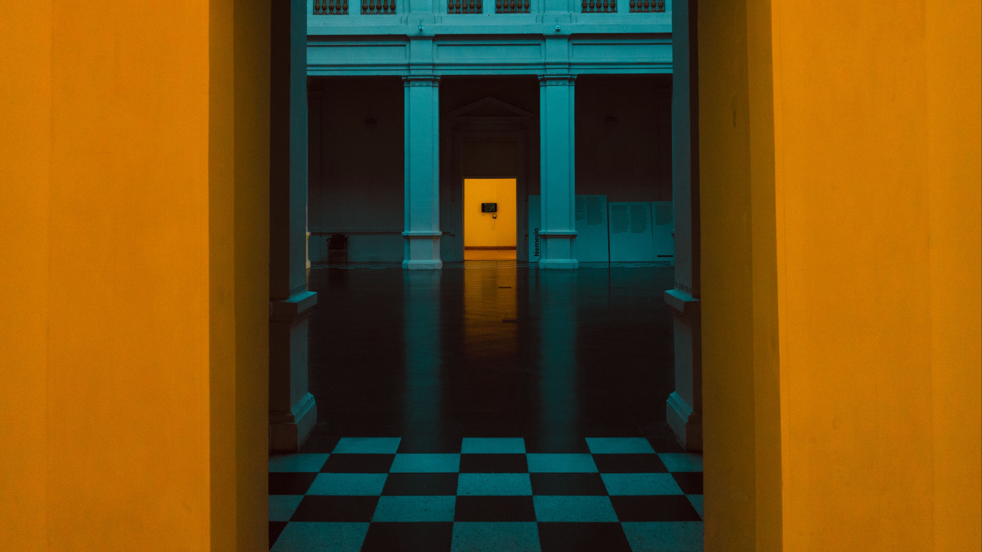 architecture, room, corridor, interior, columns, 4k, HD Wallpaper