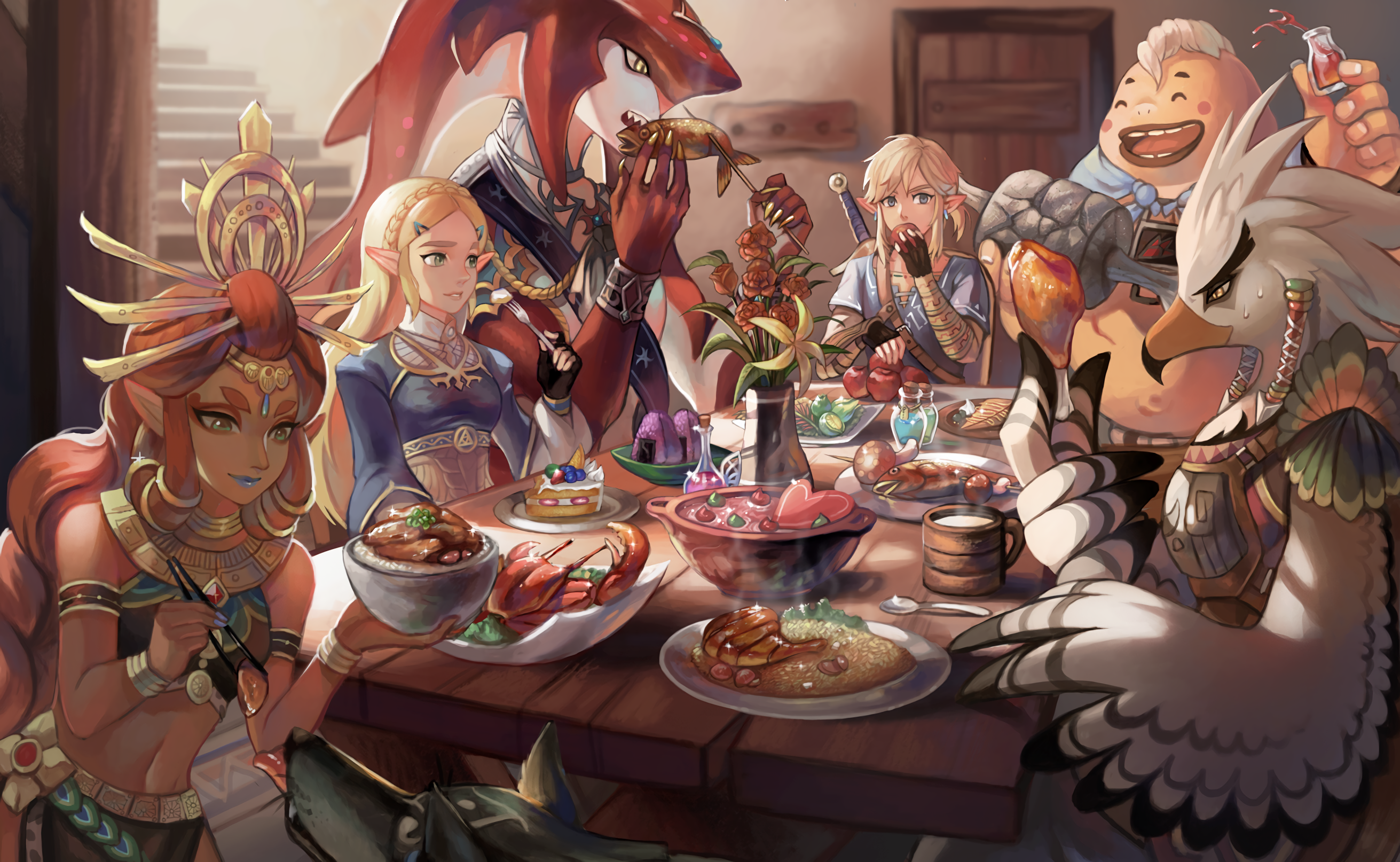 video games, Zelda, Link, The Legend of Zelda: Breath of the Wild, The Legend of Zelda, food, table, blonde, redhead, Nintendo, HD Wallpaper