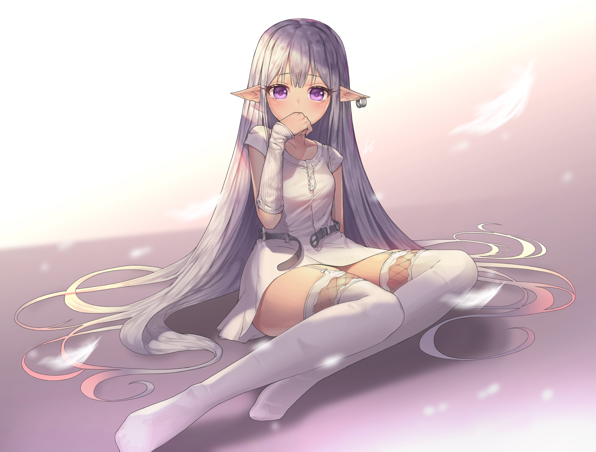 blushing, dress, gray hair, long hair, pointed ears, purple eyes, thigh-highs, simple background, HD Wallpaper