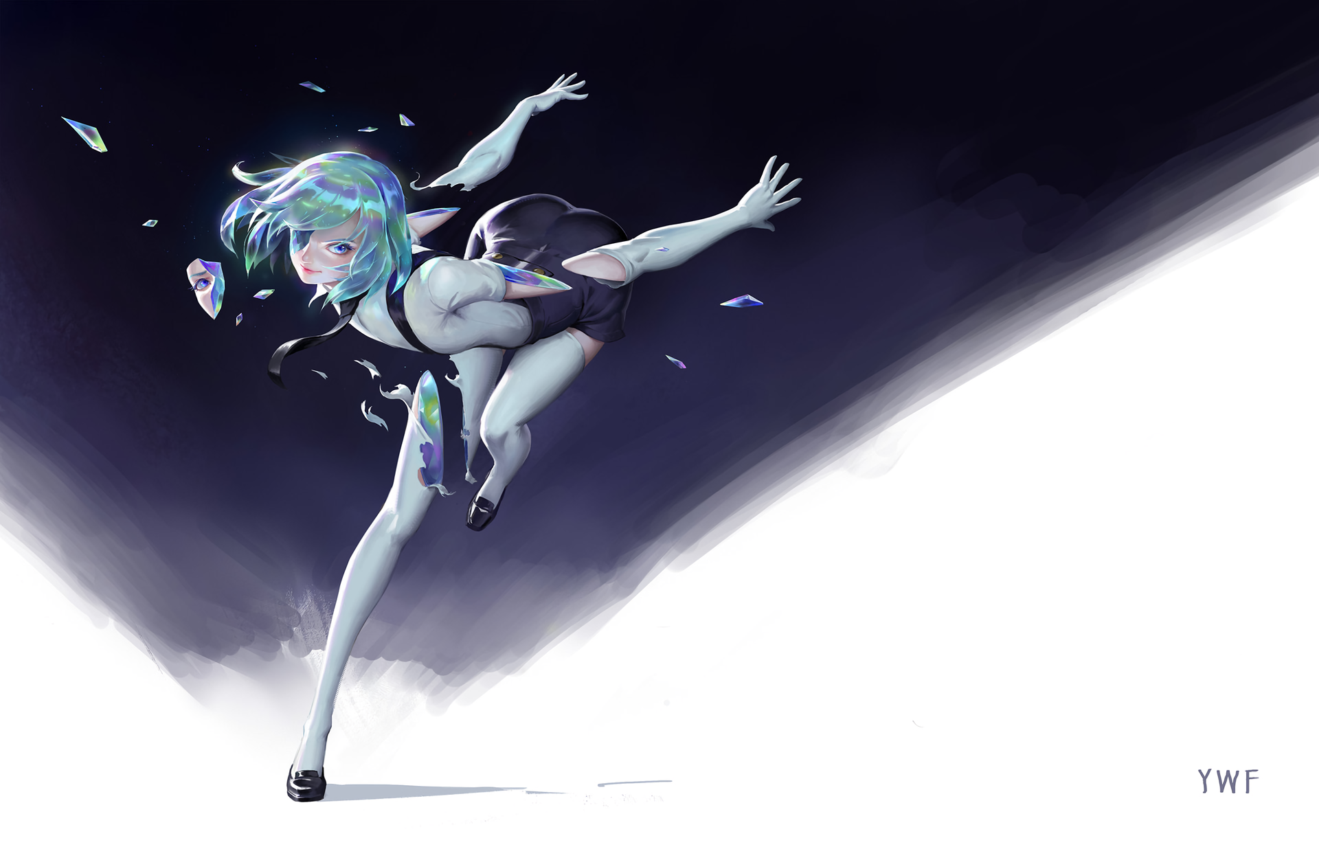 anthropomorphism, aqua eyes, aqua hair, Diamond (Houseki no Kuni), elbow gloves, gloves, Houseki no Kuni, short hair, thigh-highs, simple background, HD Wallpaper