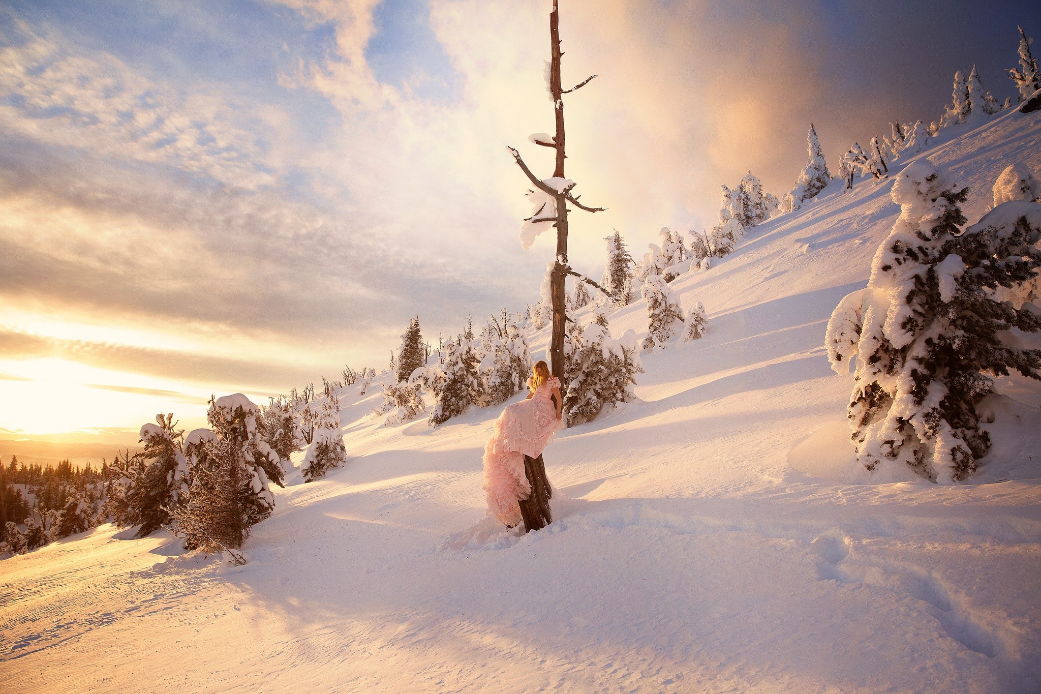 snow, sky, winter, landscape, nature, pink dress, HD Wallpaper