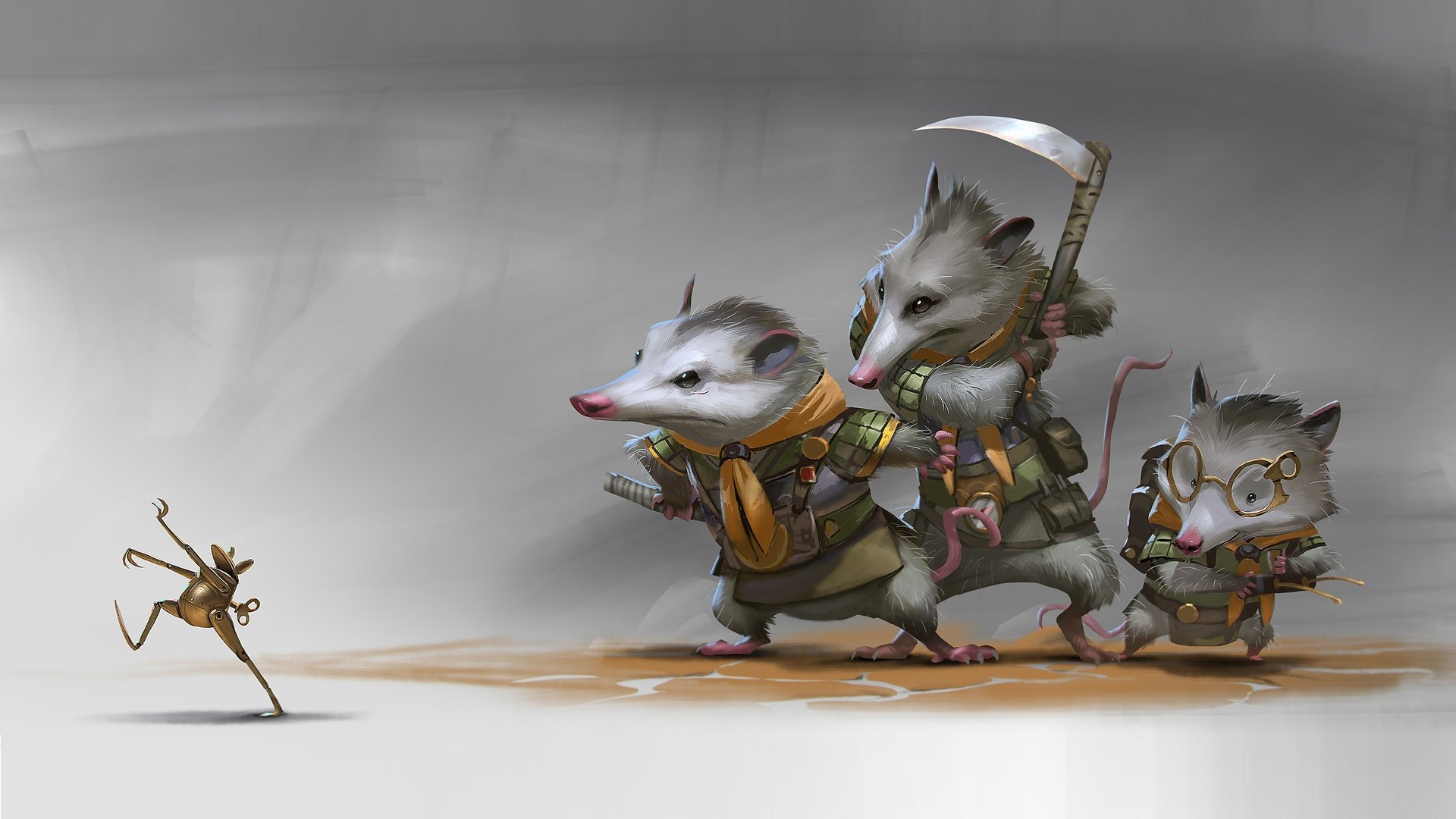 animals, artwork, digital art, Rudy Siswanto, scythe, illustration, scouts, toys, machine, HD Wallpaper