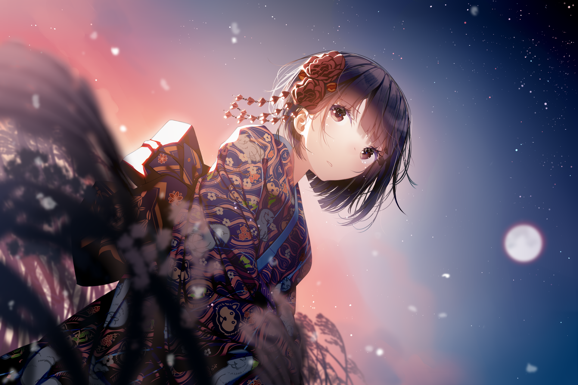 original characters, brown eyes, brunette, Japanese kimono, kimono, short hair, starry night, stars, flowers, HD Wallpaper