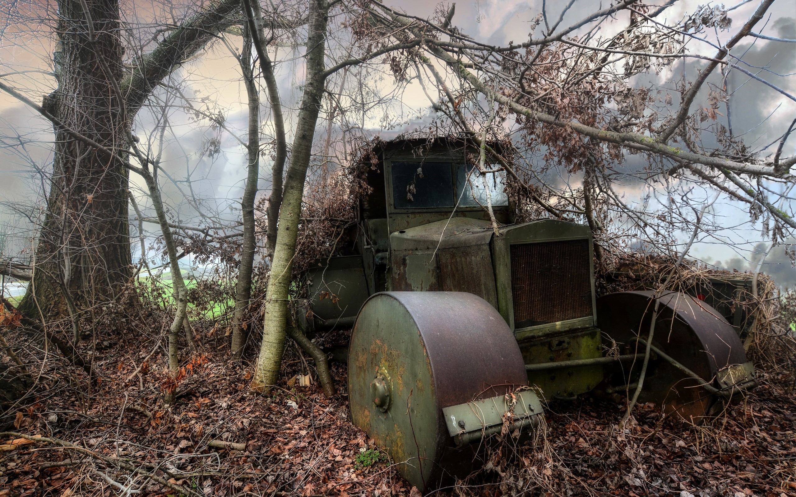 vehicle, wreck, trees, outdoors, HD Wallpaper