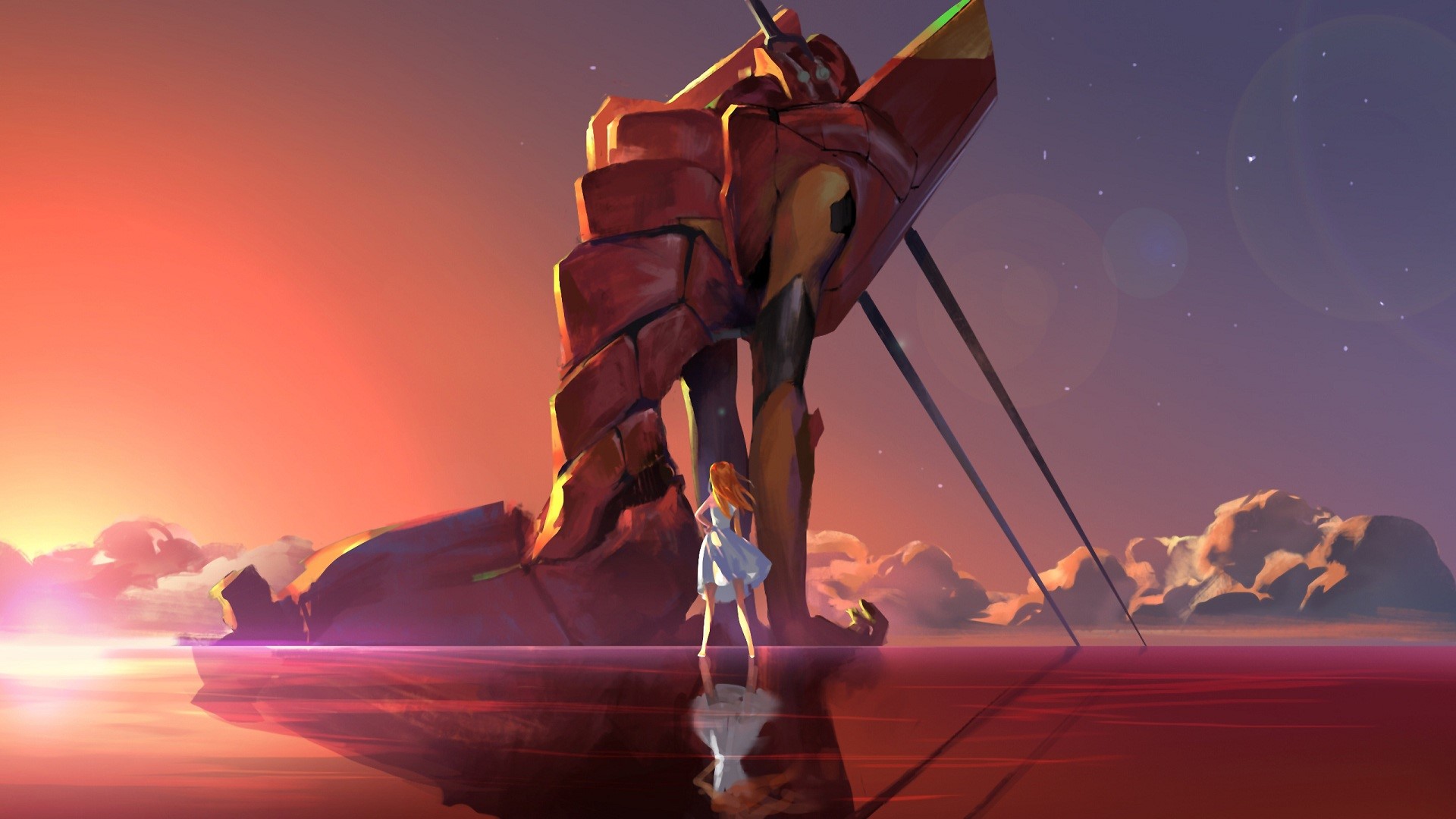 Neon Genesis Evangelion, Asuka Langley Soryu, EVA Unit 02, Spear of Longinus, reflection, dress, HD Wallpaper