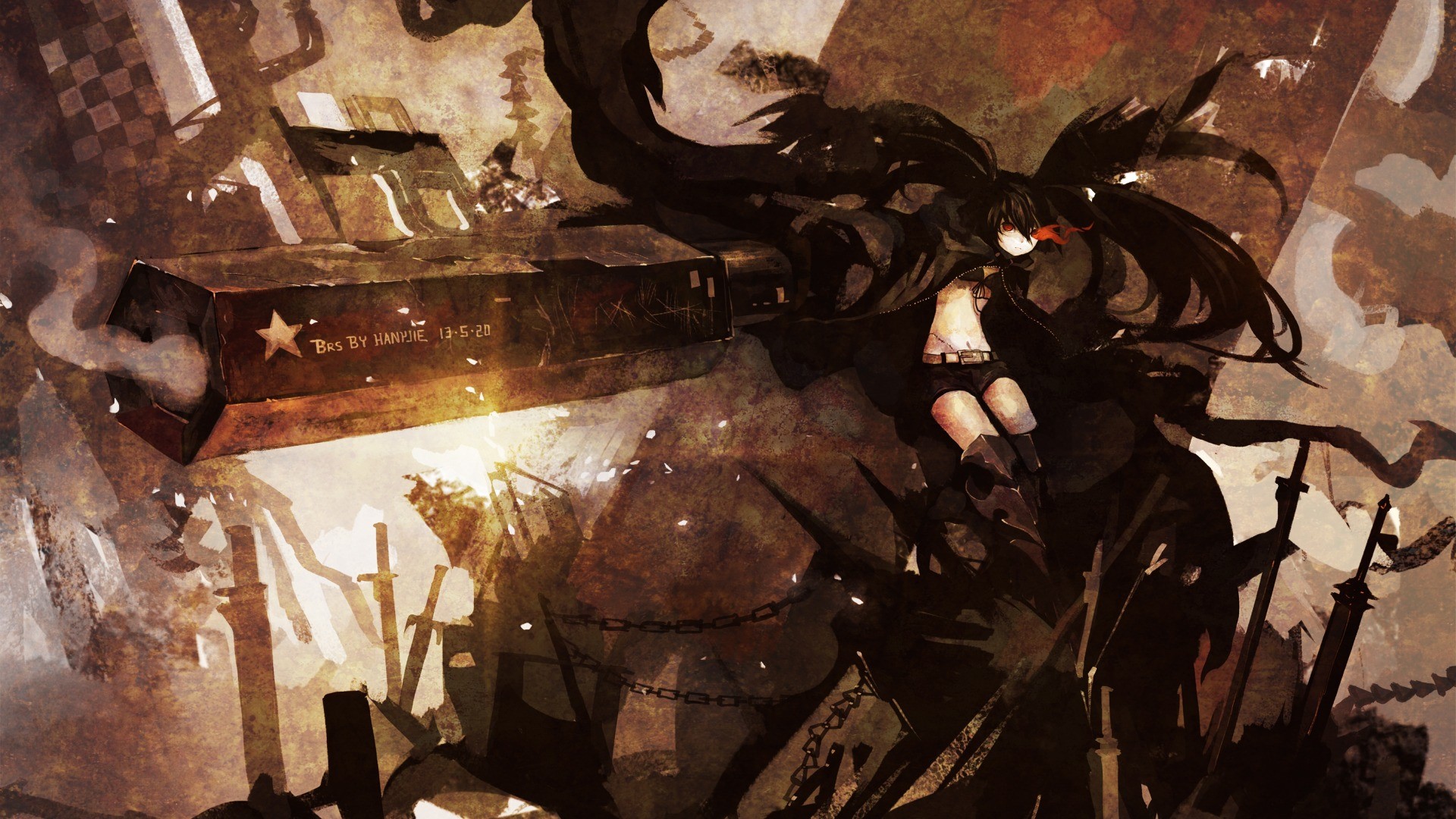 Black Rock Shooter, anime girls, fantasy weapon, sword, black hair, long hair, HD Wallpaper