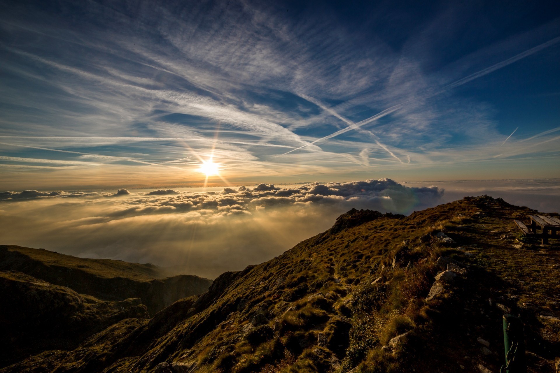 mountains, sky, sea, Sun, clouds, HD Wallpaper