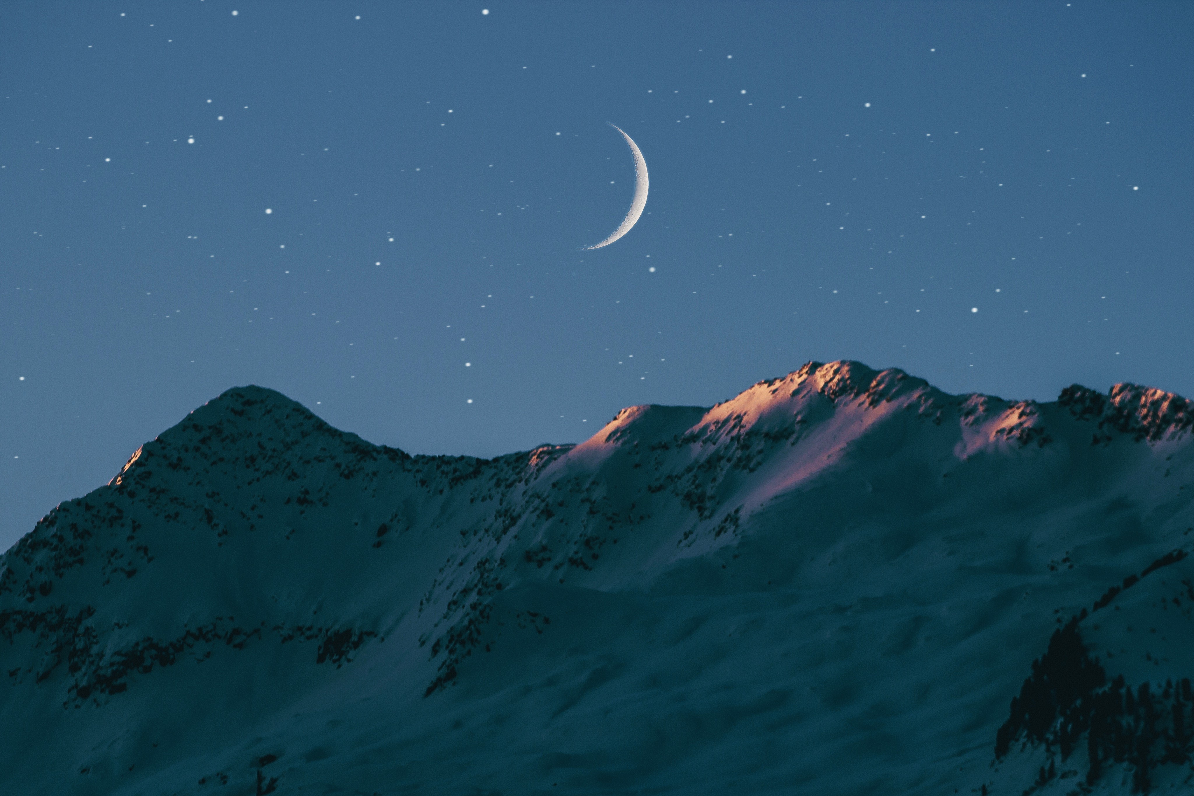 mountains, snow, stars, Moon, HD Wallpaper