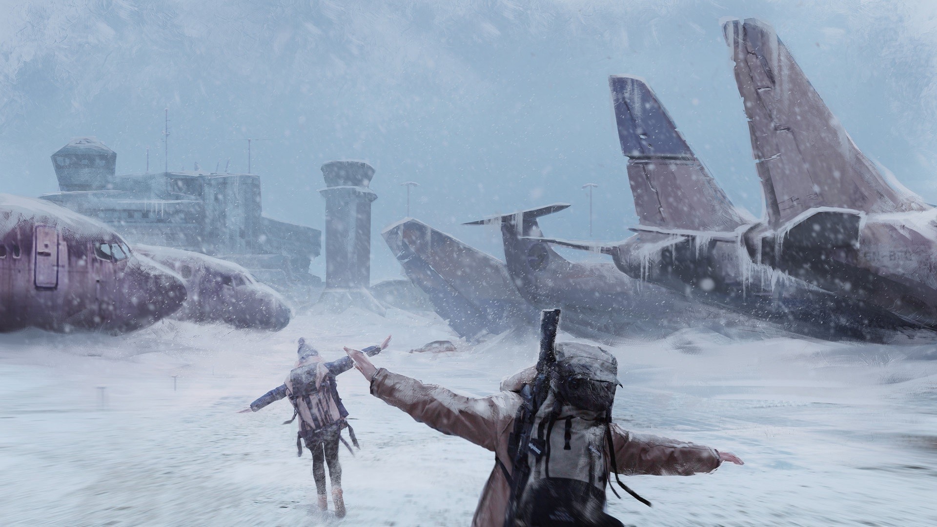 airport, snow, backpacks, apocalyptic, planes, winter, HD Wallpaper