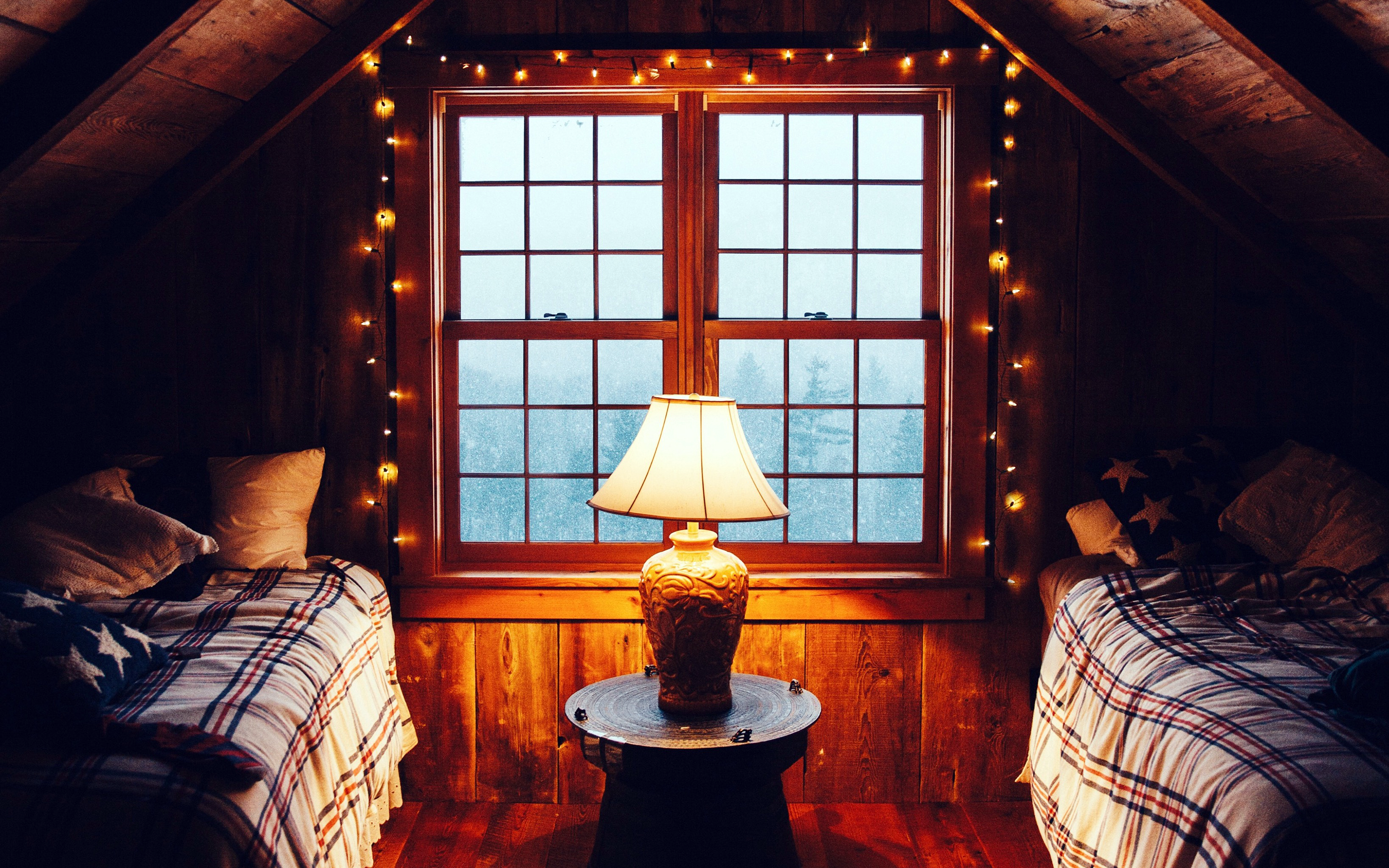 cabin, snow, interior, christmas lights, lamp, attics, HD Wallpaper
