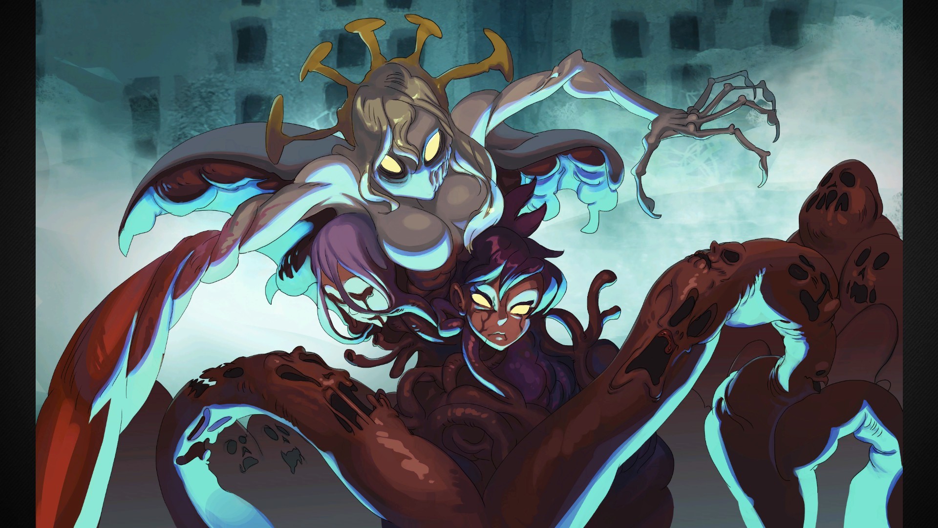 Skullgirls, double, boobs, anime, glowing eyes, creature, horror, yellow eyes, cyan, HD Wallpaper