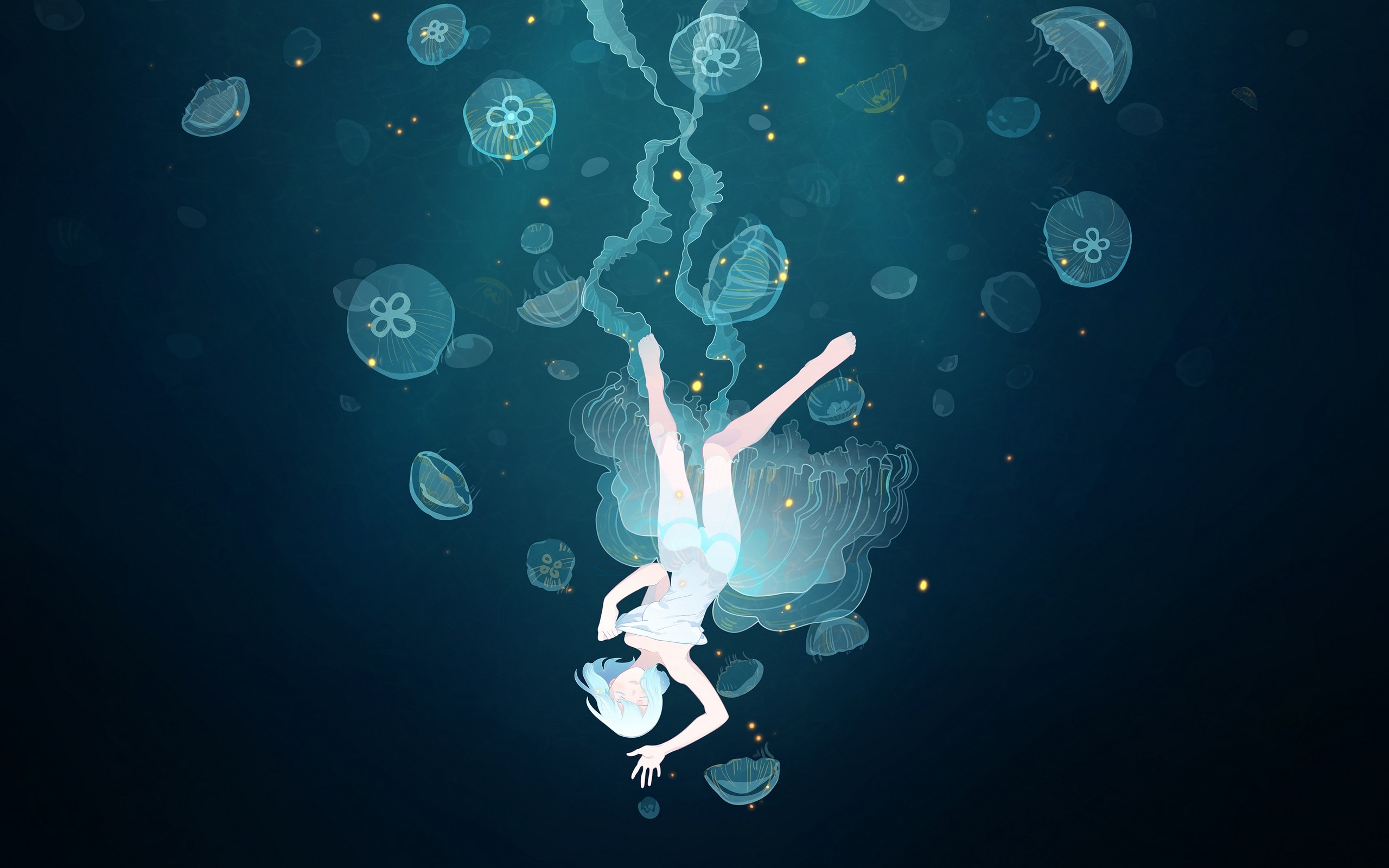 jellyfish, underwater, anime girls, anime, cyan, turquoise, HD Wallpaper