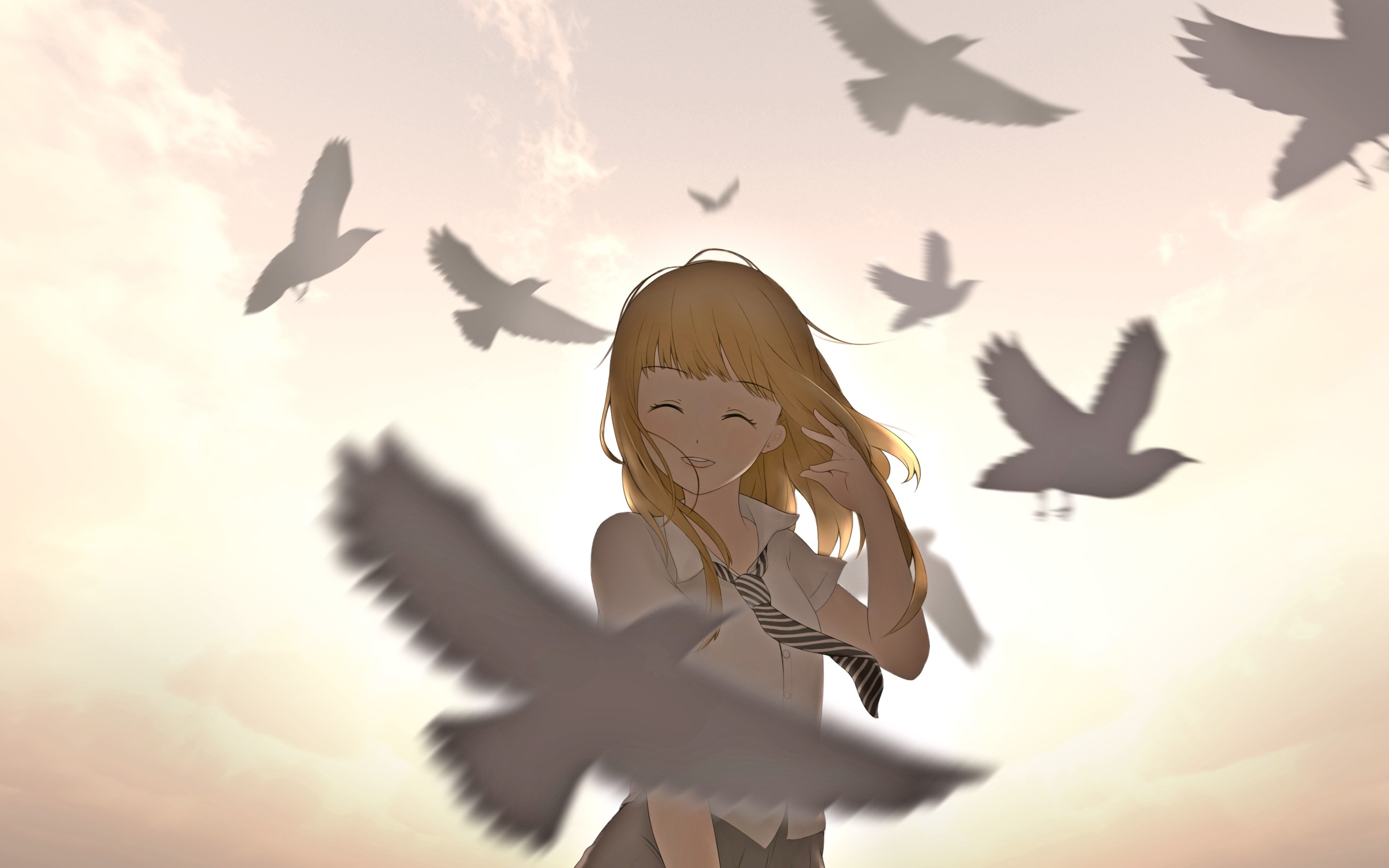 birds, blonde, anime girls, tie, sky, closed eyes, animals, HD Wallpaper