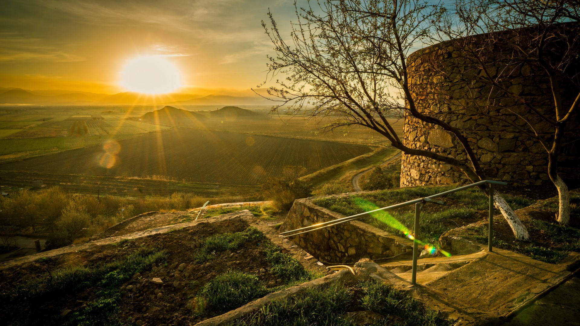 nature, landscape, mist, trees, hills, sun rays, Armenia, field, wall, stones, HD Wallpaper
