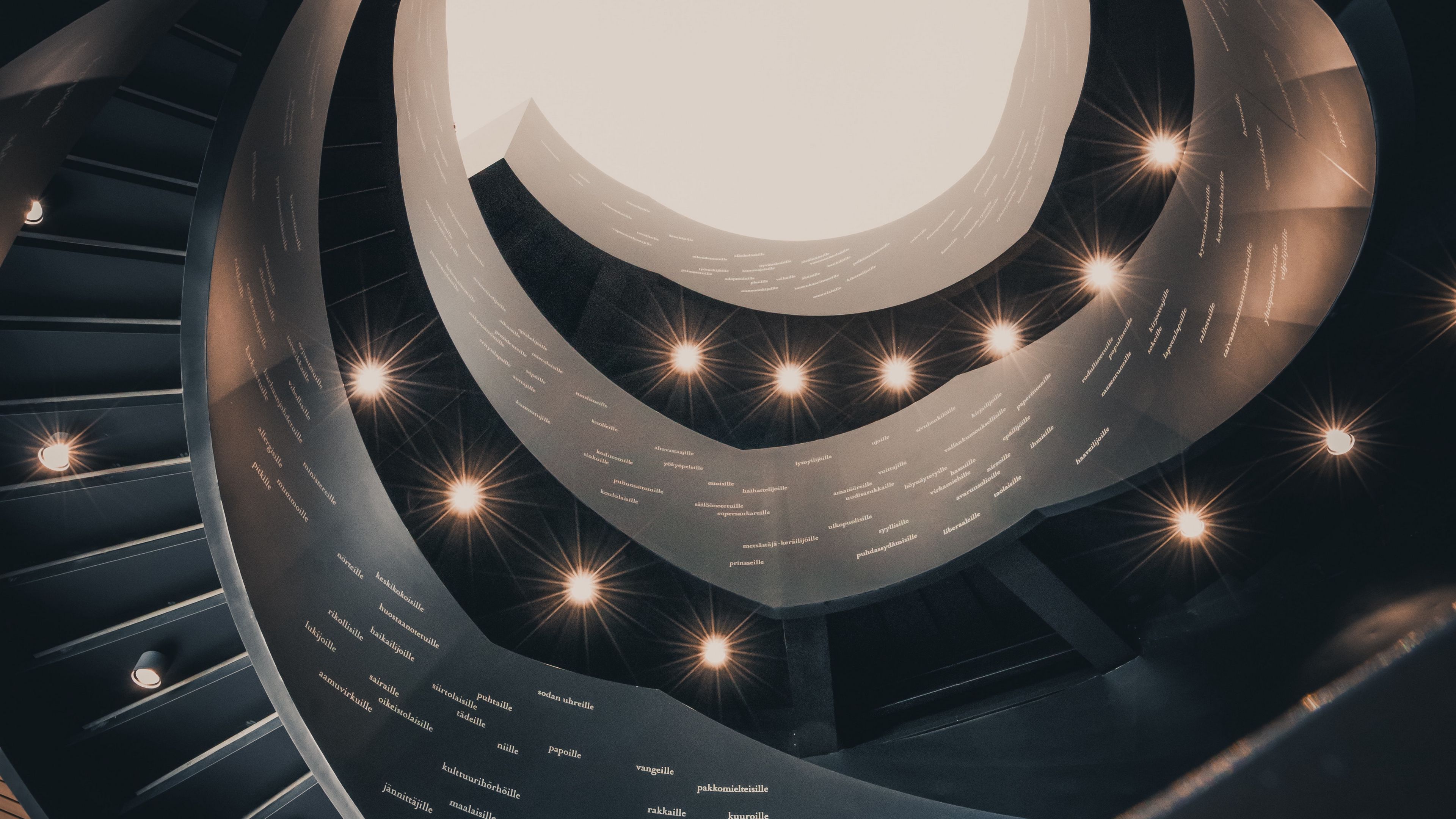 building, architecture, spiral, lamps, light, 4k, HD Wallpaper