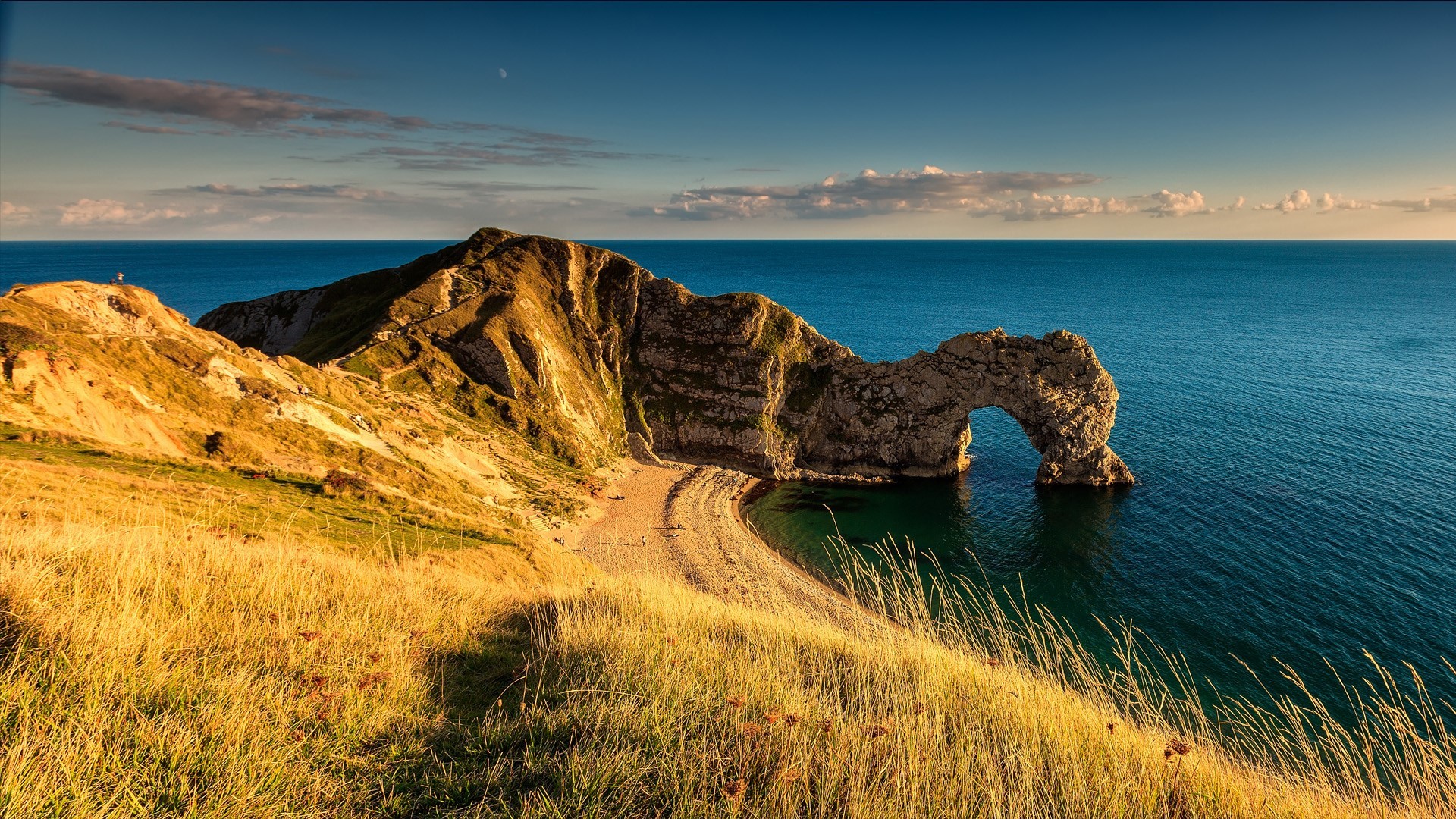 landscape, nature, sea, sunlight, grass, beach, HD Wallpaper