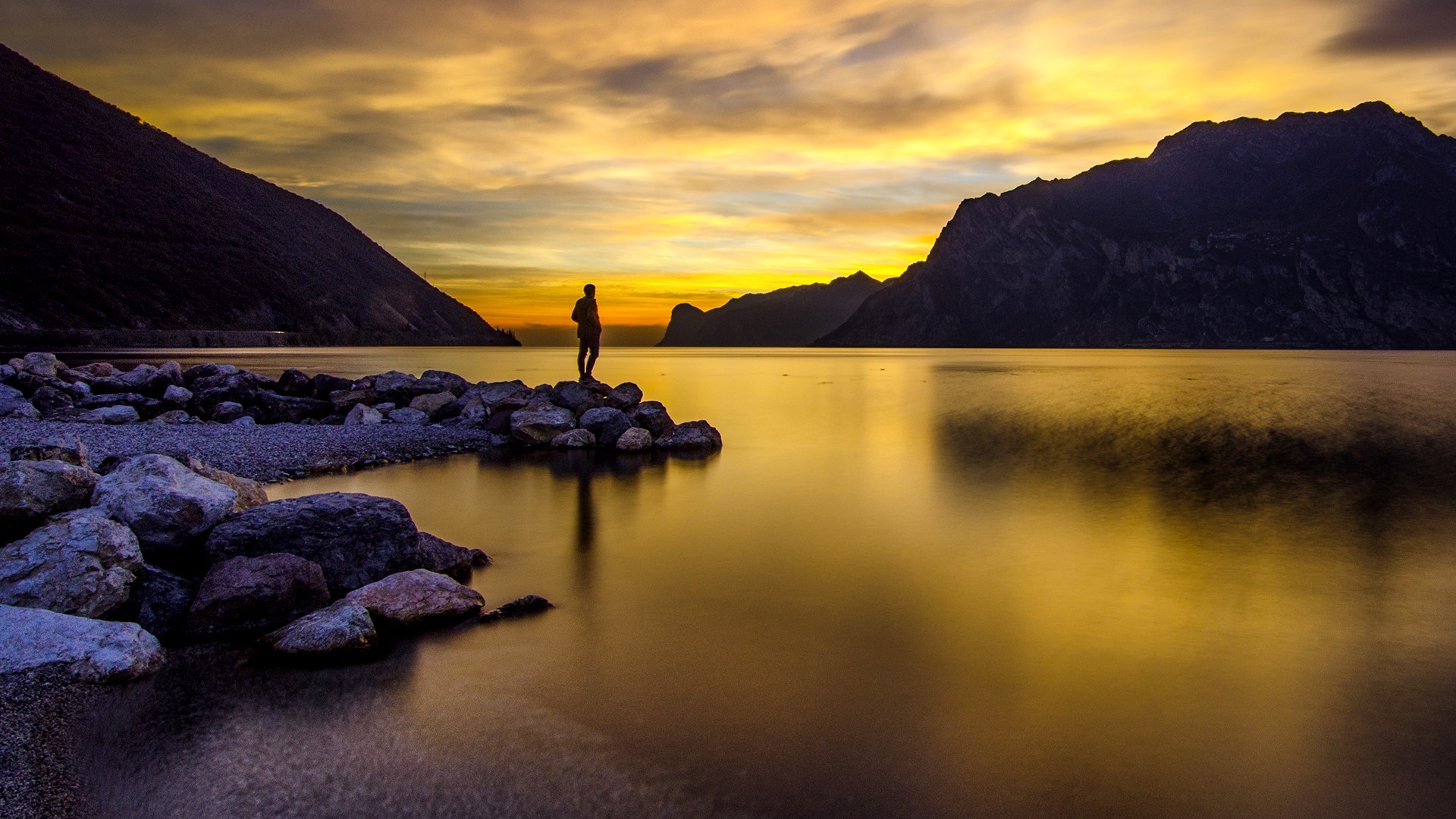landscape, water, sunset, yellow, dusk, HD Wallpaper
