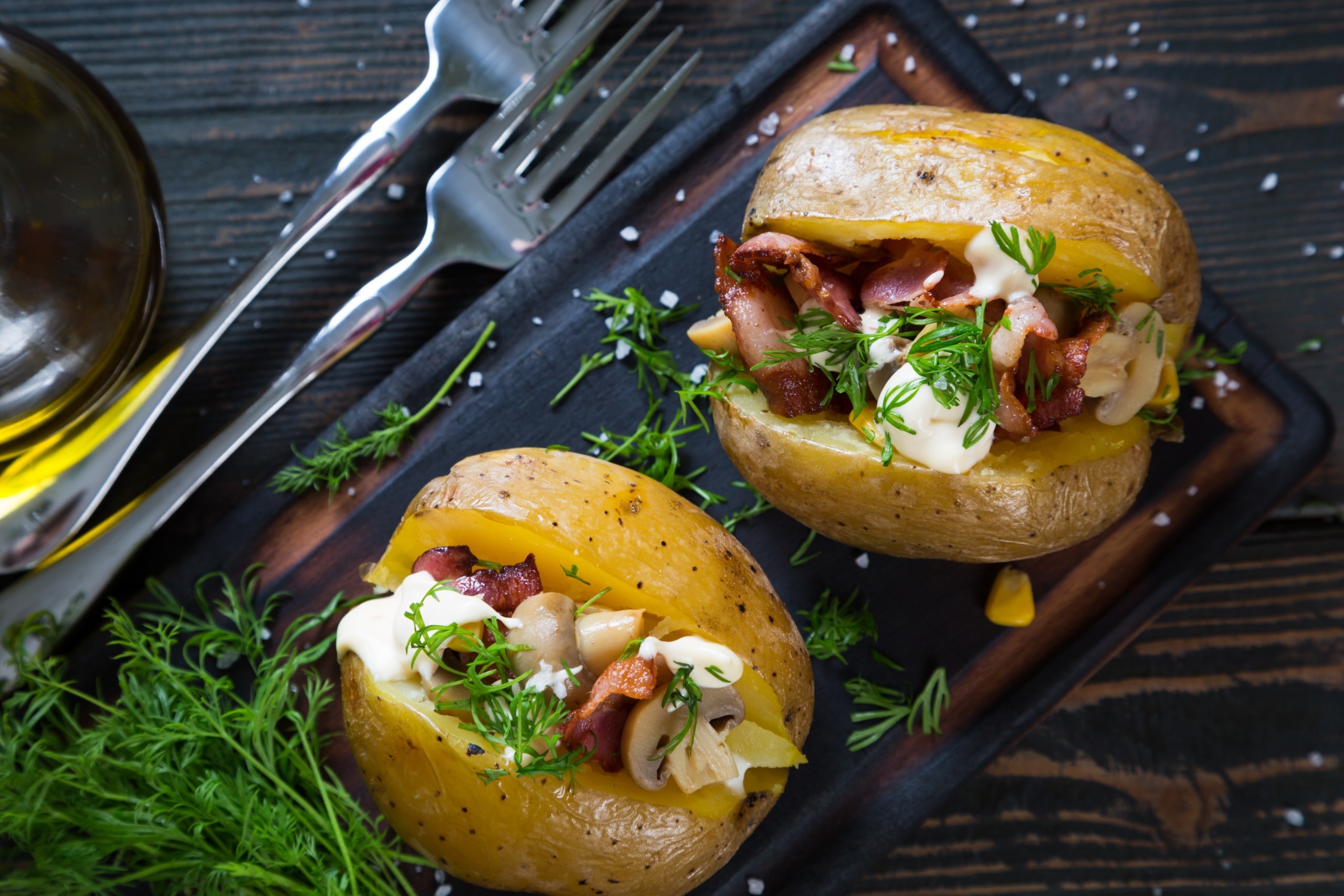 food, potatoes, bacon, fork, restaurant, HD Wallpaper
