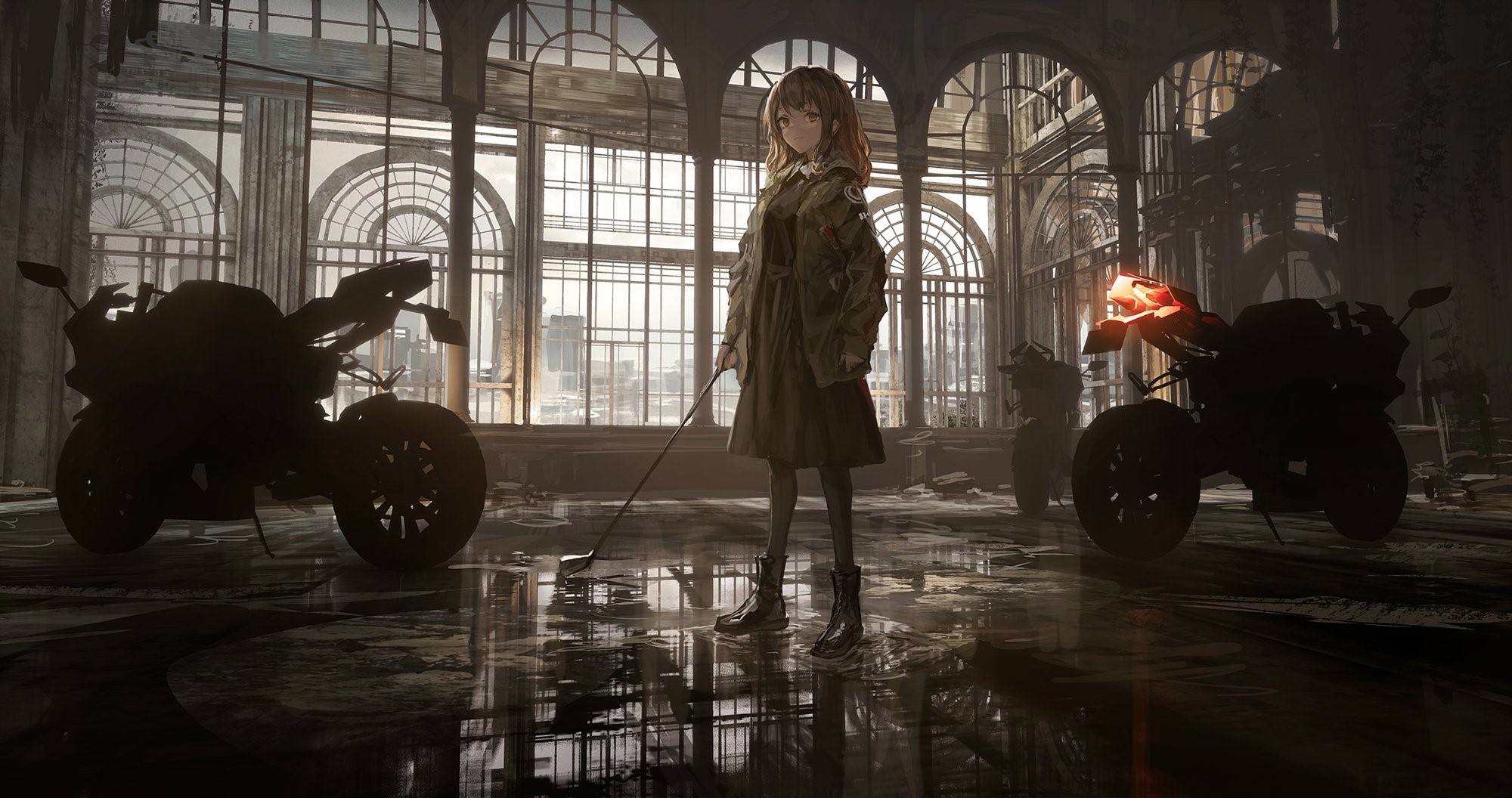 THE-LM7, anime, anime girls, building, motorcycle, water, standing, skirt, jacket, HD Wallpaper