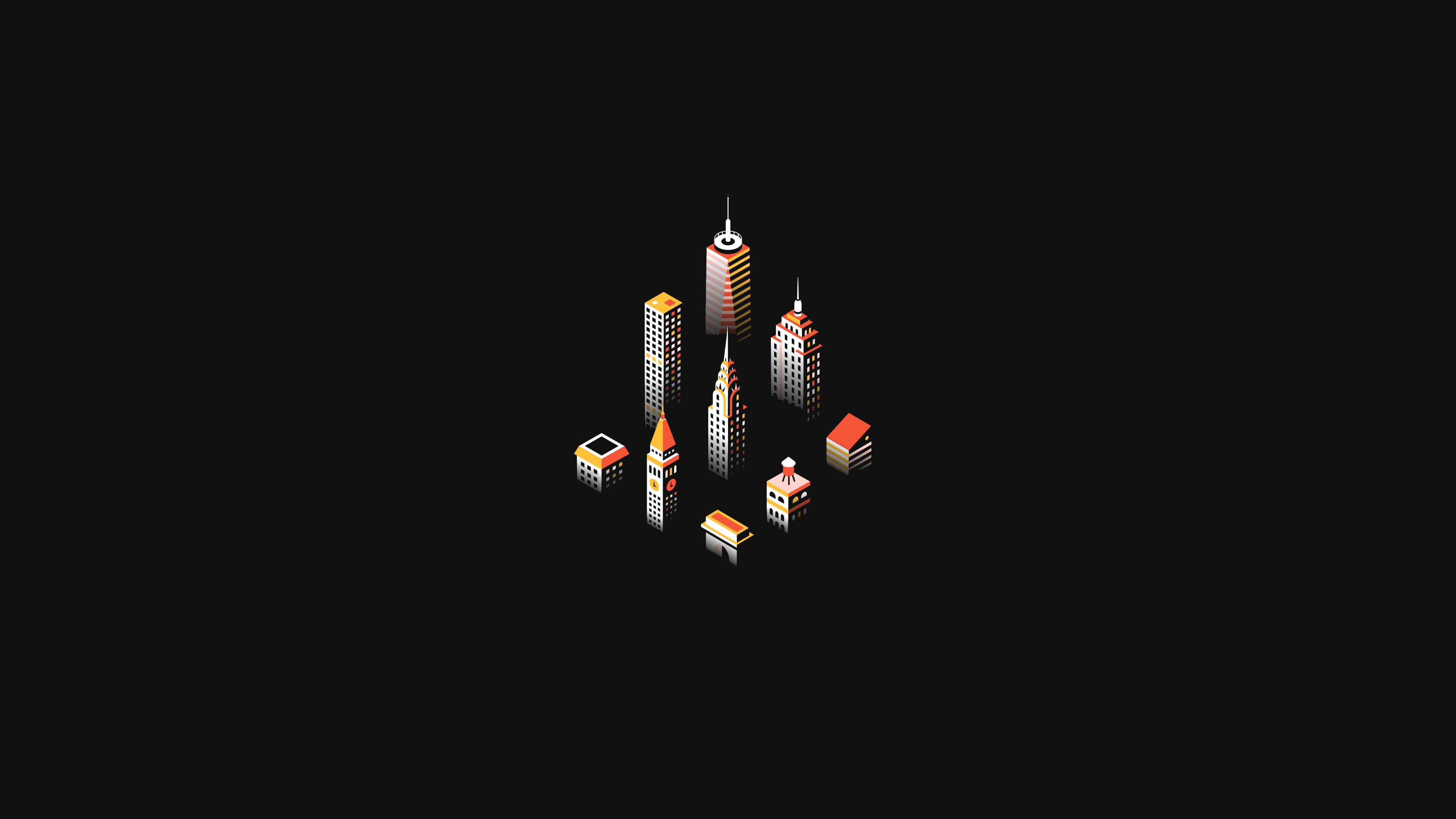 illustration, isometric, black background, Architecture models, building, skyscraper, minimalism, HD Wallpaper