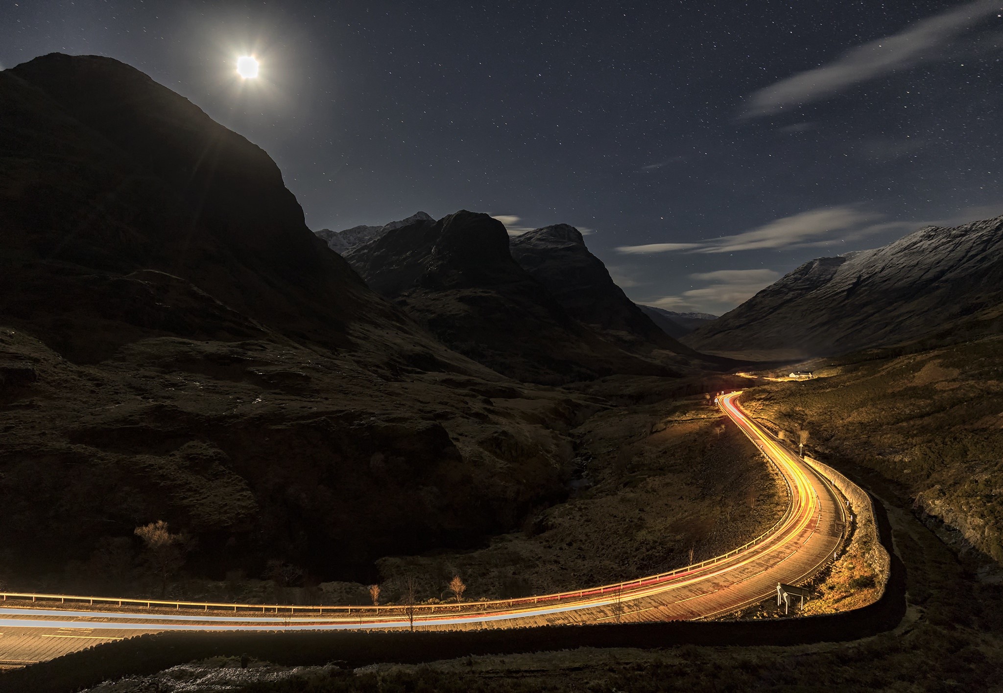 night, mountains, landscape, road, long exposure, HD Wallpaper