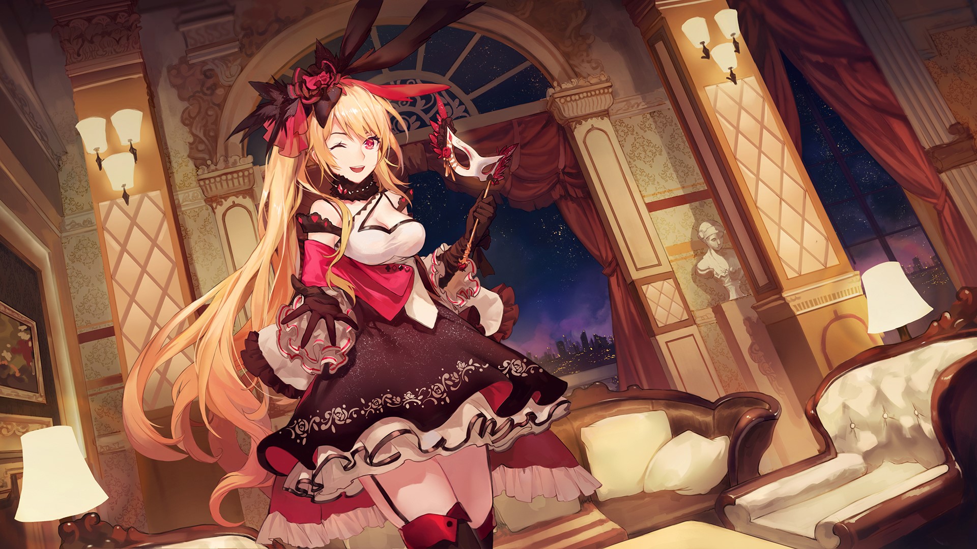 red eyes, mask, cleavage, blonde, long hair, HD Wallpaper