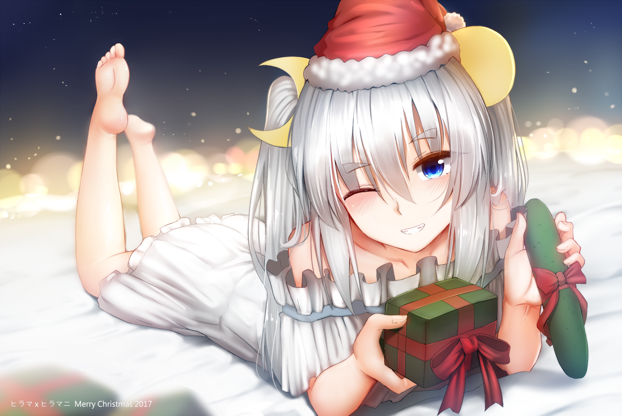 anthropomorphism, aqua eyes, barefoot, blushing, Christmas, dress, Santa hats, Kantai Collection, short hair, twintails, white hair, wink, HD Wallpaper