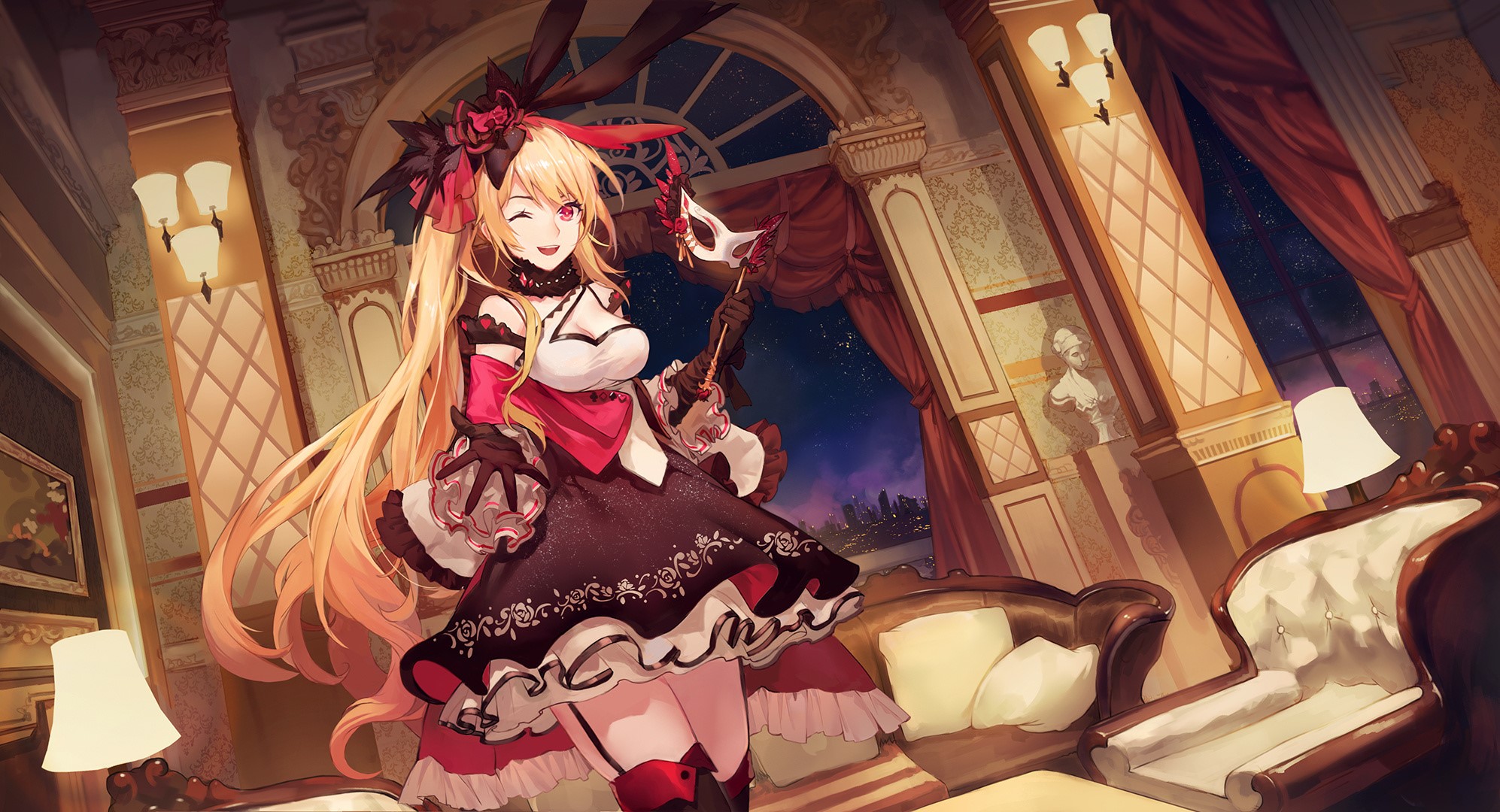 anime girls, hanasa, mask, red eyes, winking, looking at viewer, Forever 7th Capital, HD Wallpaper
