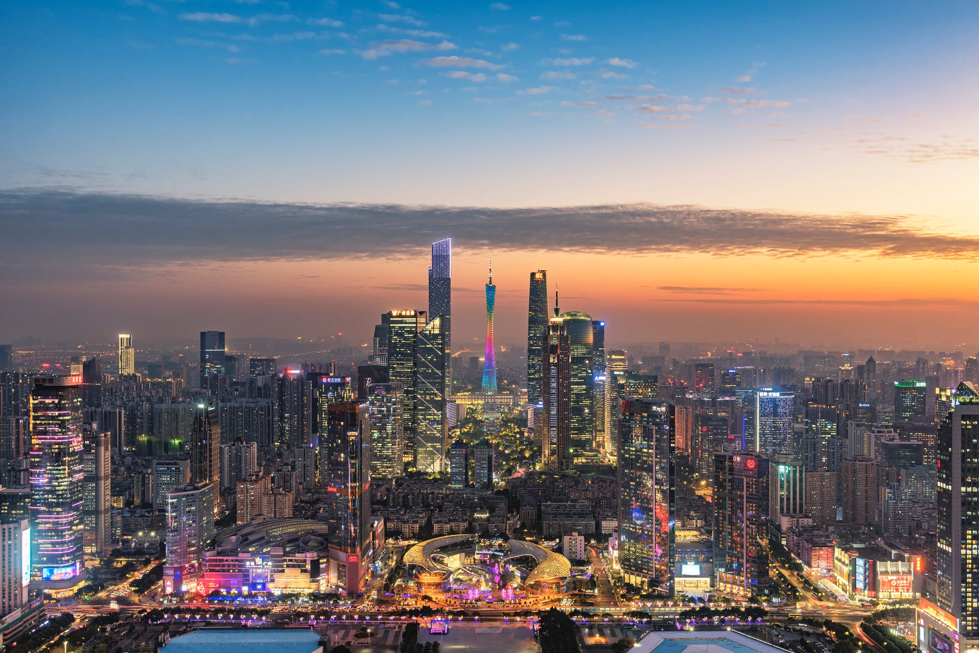 Guangzhou, city, skyscraper, orange sky, city lights, HD Wallpaper