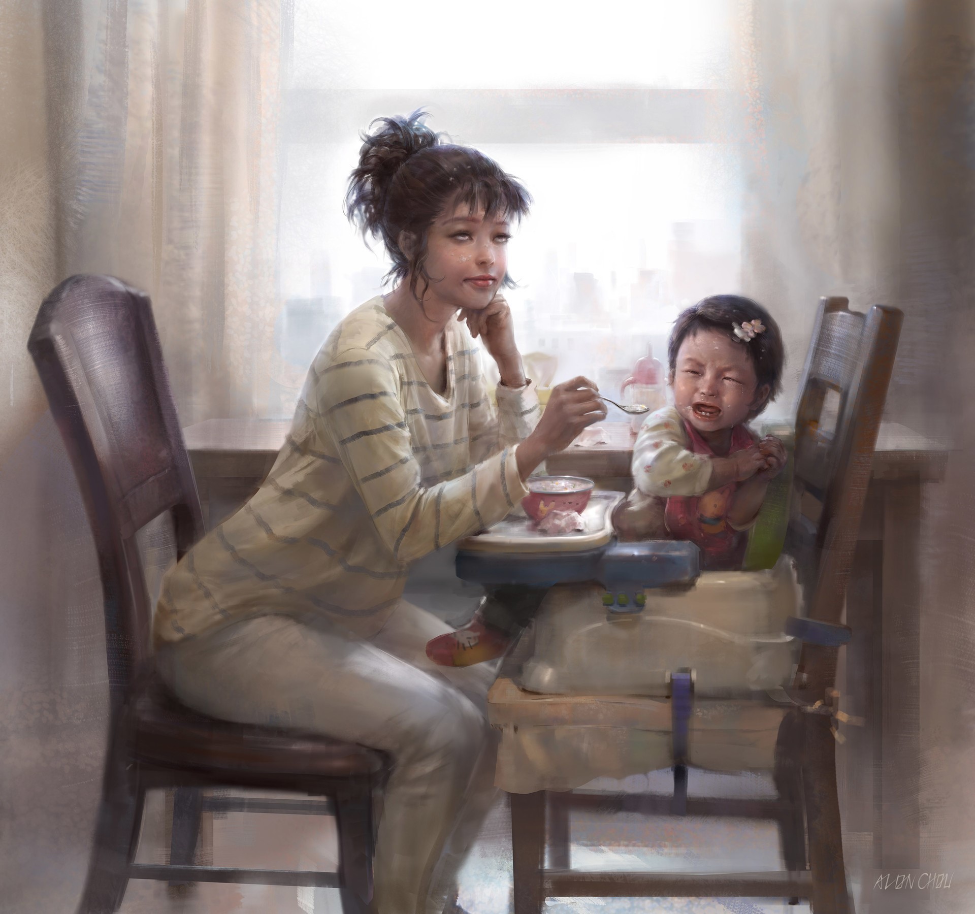women, chair, children, breakfast, drawing, HD Wallpaper