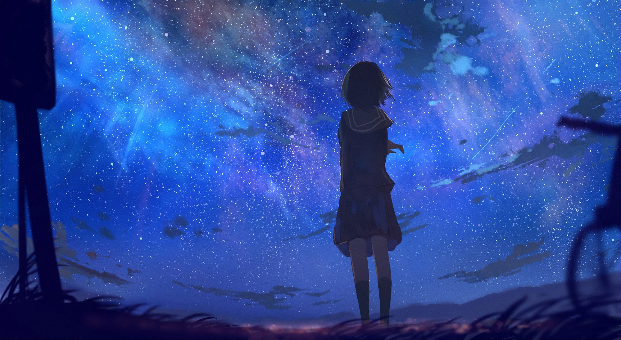 anime, anime girls, original characters, short hair, brunette, night, sky, stars, looking away, artwork, school uniform, HD Wallpaper