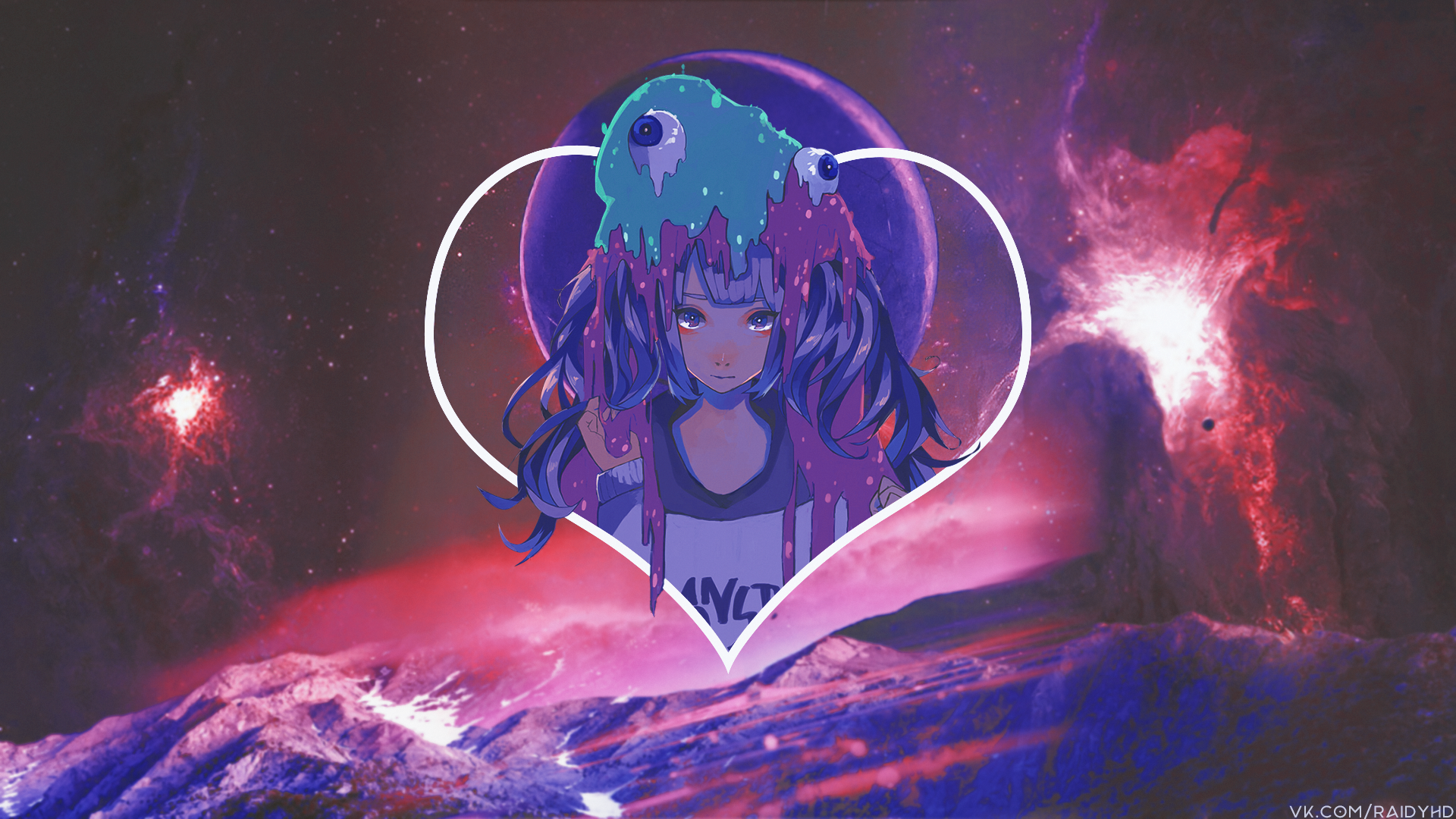 anime, anime girls, picture-in-picture, space, purple, HD Wallpaper
