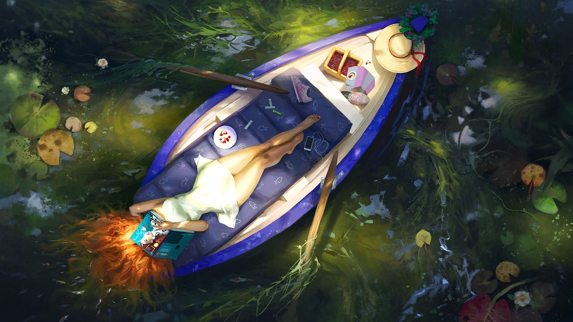 boat, river, women, paddles, hat, books, peaceful, HD Wallpaper