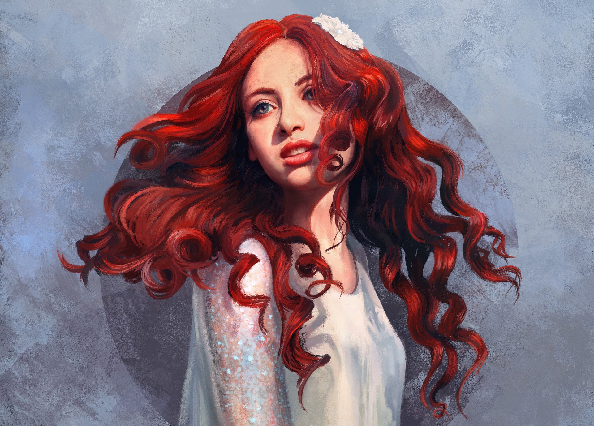 women, dress, flowers, redhead, drawing, artwork, HD Wallpaper