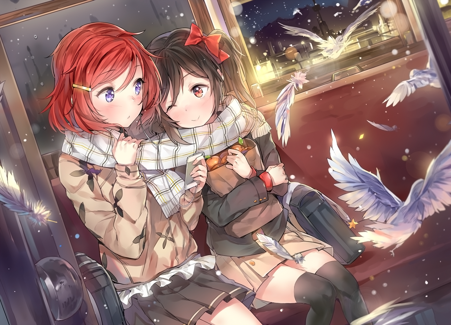 anime, anime girls, short hair, redhead, brunette, birds, Love Live!, HD Wallpaper