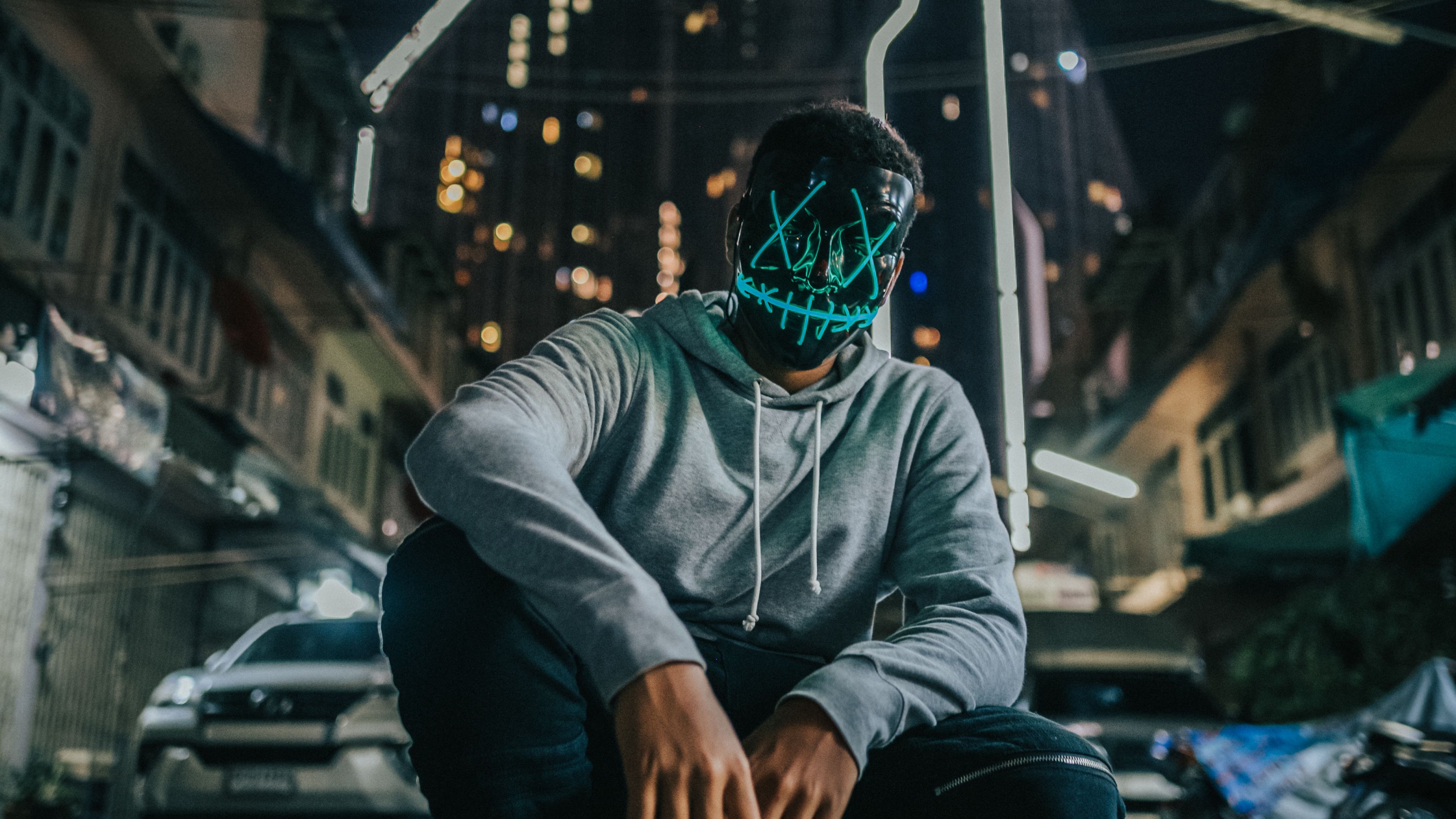 man, mask, anonymous, city, street, 4k, HD Wallpaper
